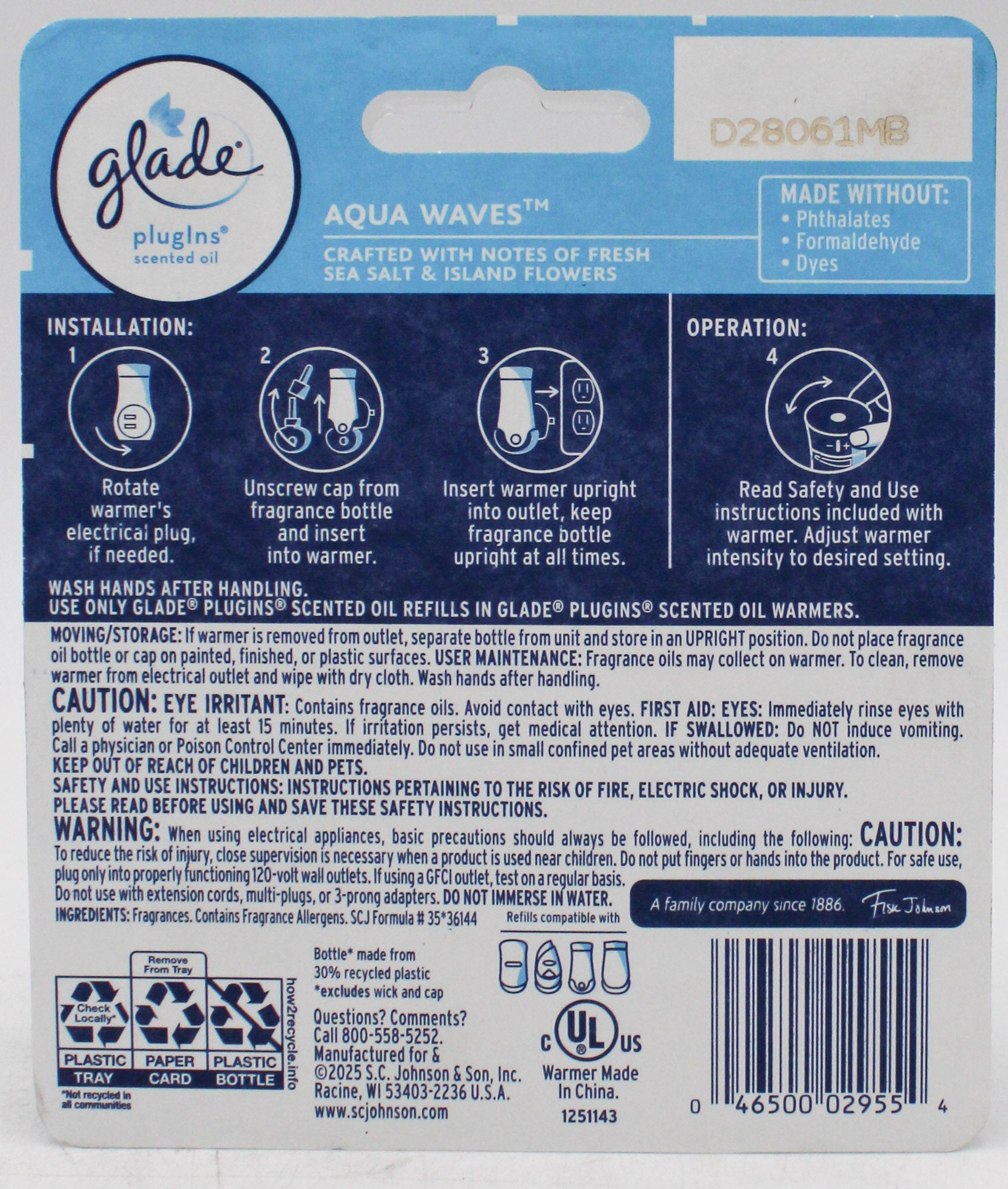 SP GLADE PLUGINS 1 WARMER & 1 REFILL 0.67oz AQUA WAVES