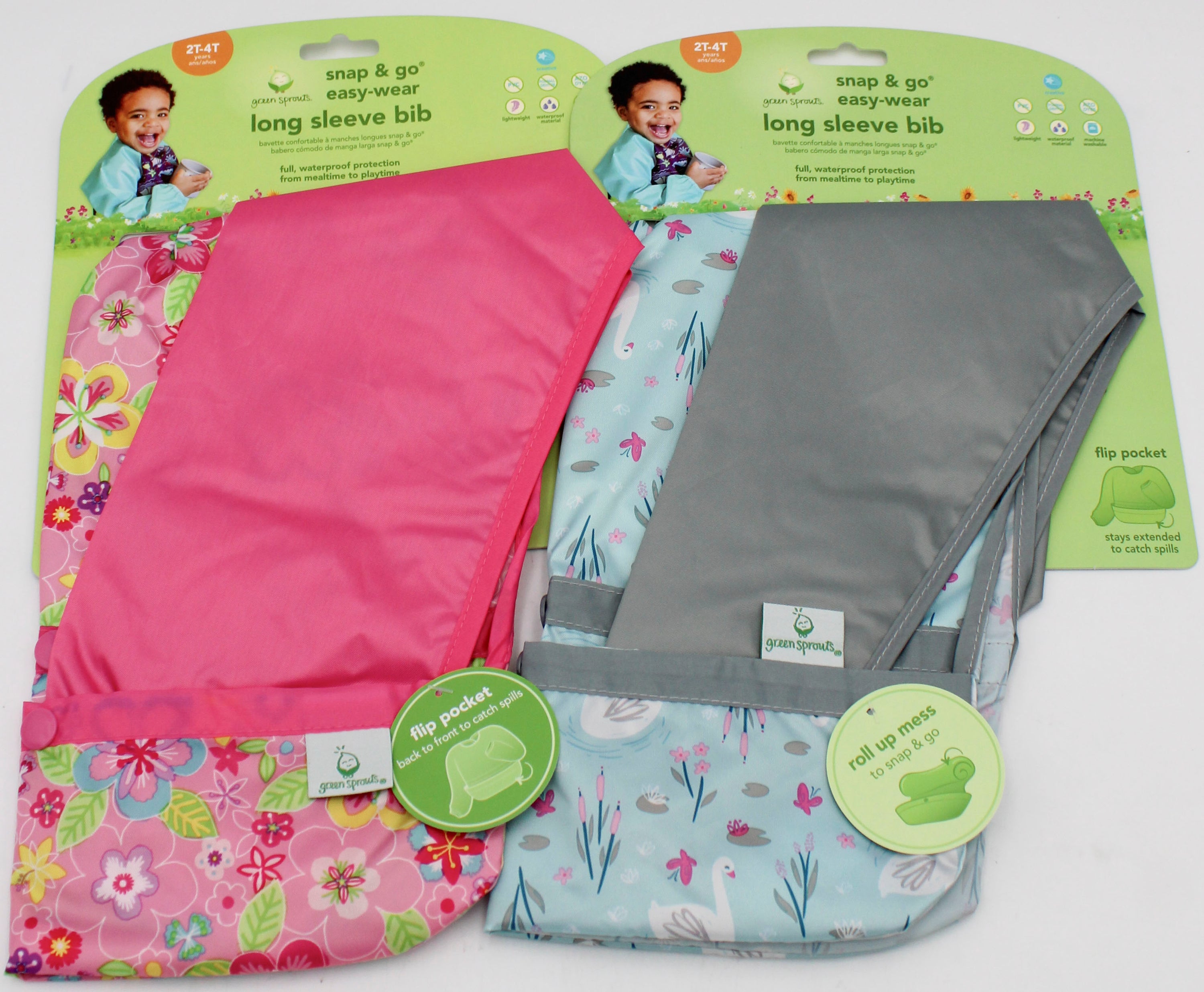 O2COOL SNAP & GO EASY WEAR LONG SLEEVE BIB - AQUA SWAN & PINK FLOWER FIELD - 2T-4T NI