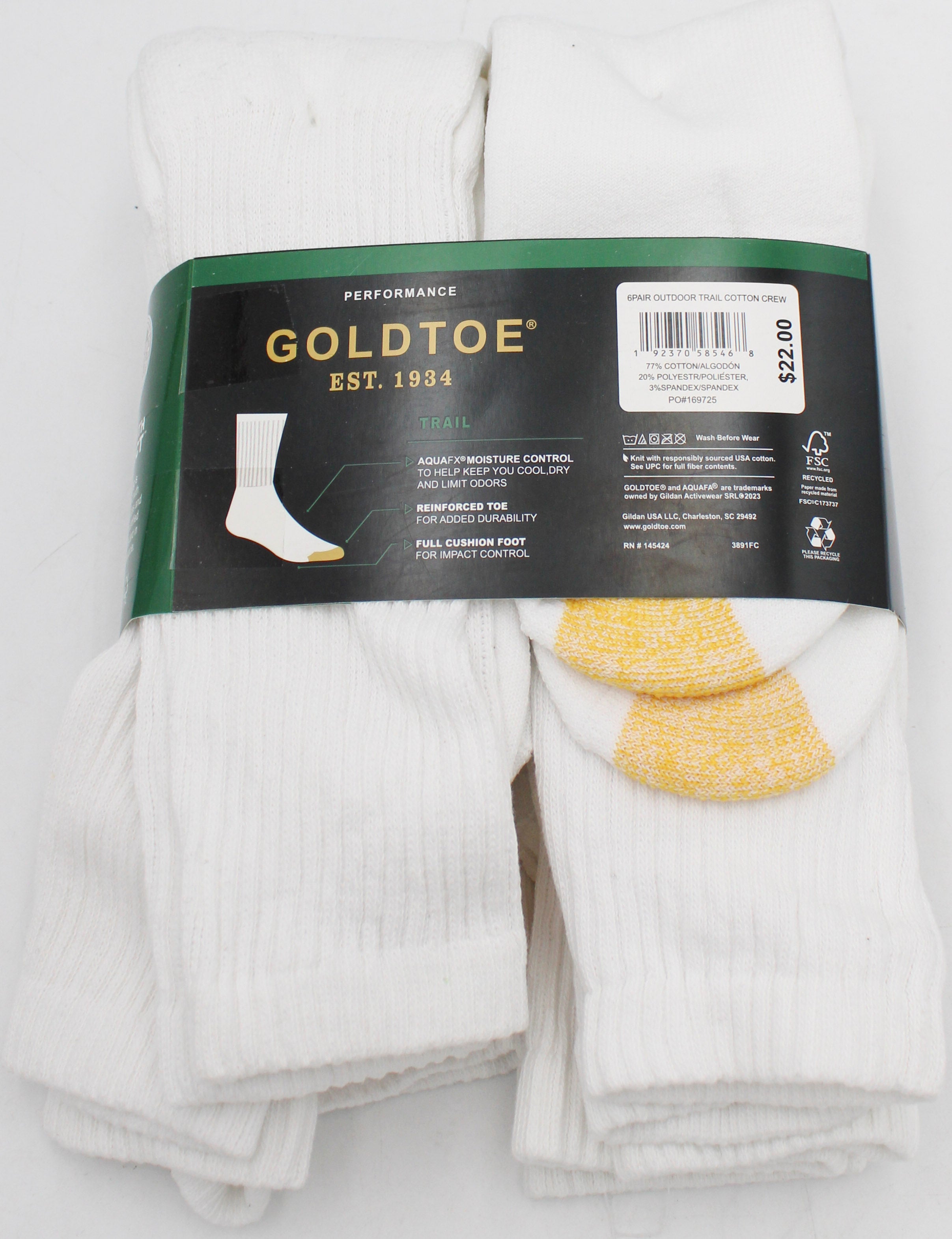 GOLDTOE 6PK CREW SOCKS WHITE PP$22.00 SZ 6-12 NI