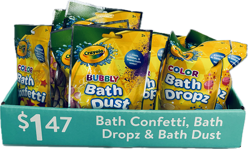 CRAYOLA 54CT ASST BATH CONFETTI DROPZ AND DUST COUNTER DISPLAY PP$1.47 NI