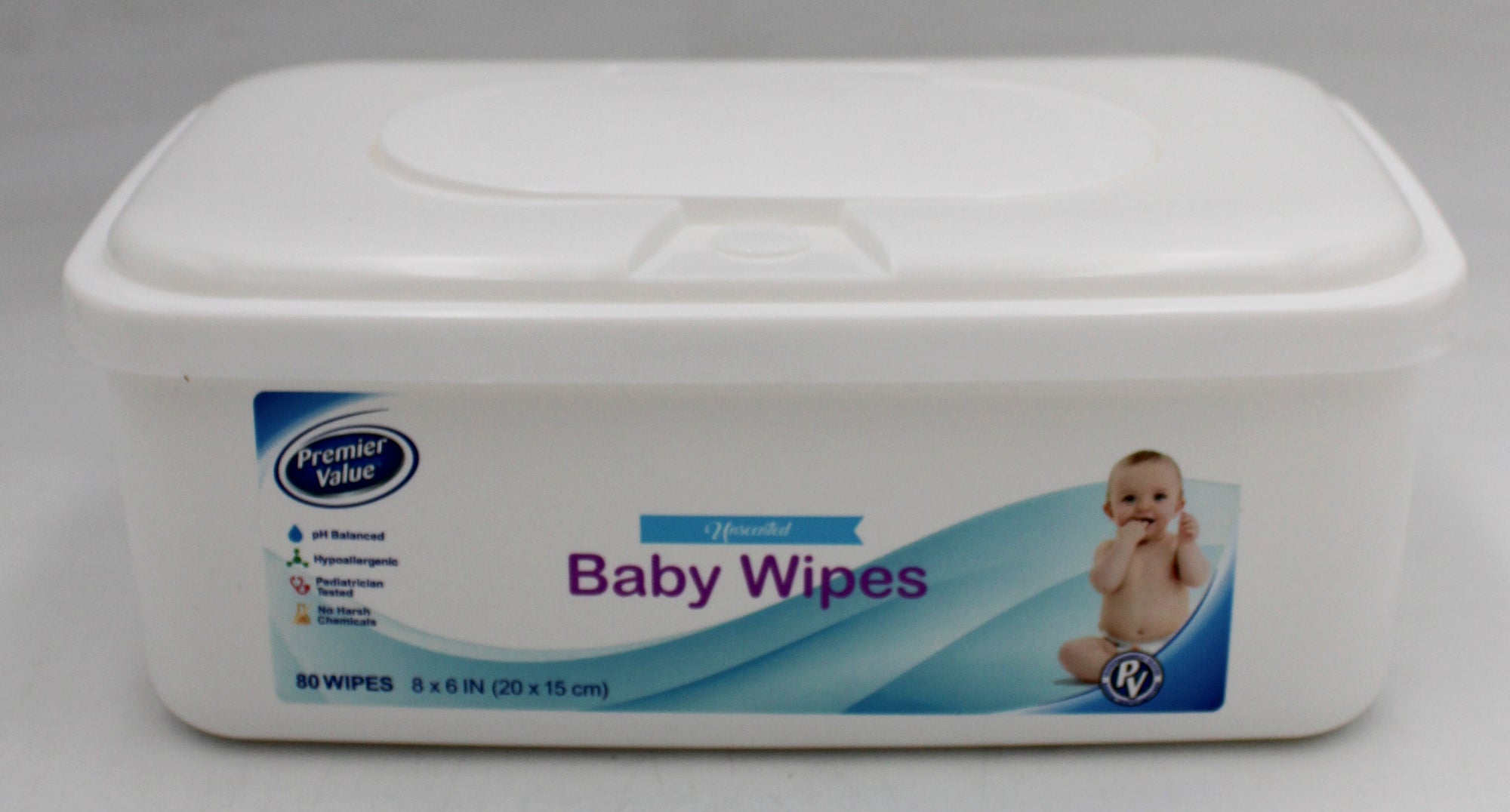 PREMIER VALUE BABY WIPES UNSCENTED 80ct TUB W/ LID EXP 3/2026 NI
