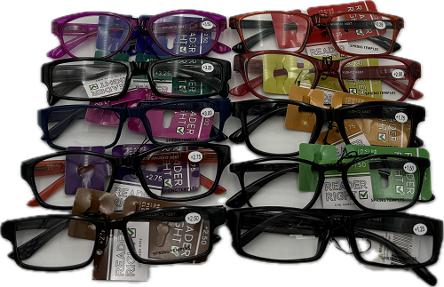 UNISEX PLASTIC READING GLASSES WITH SPRING HINGES (ASSORTED POWERS)