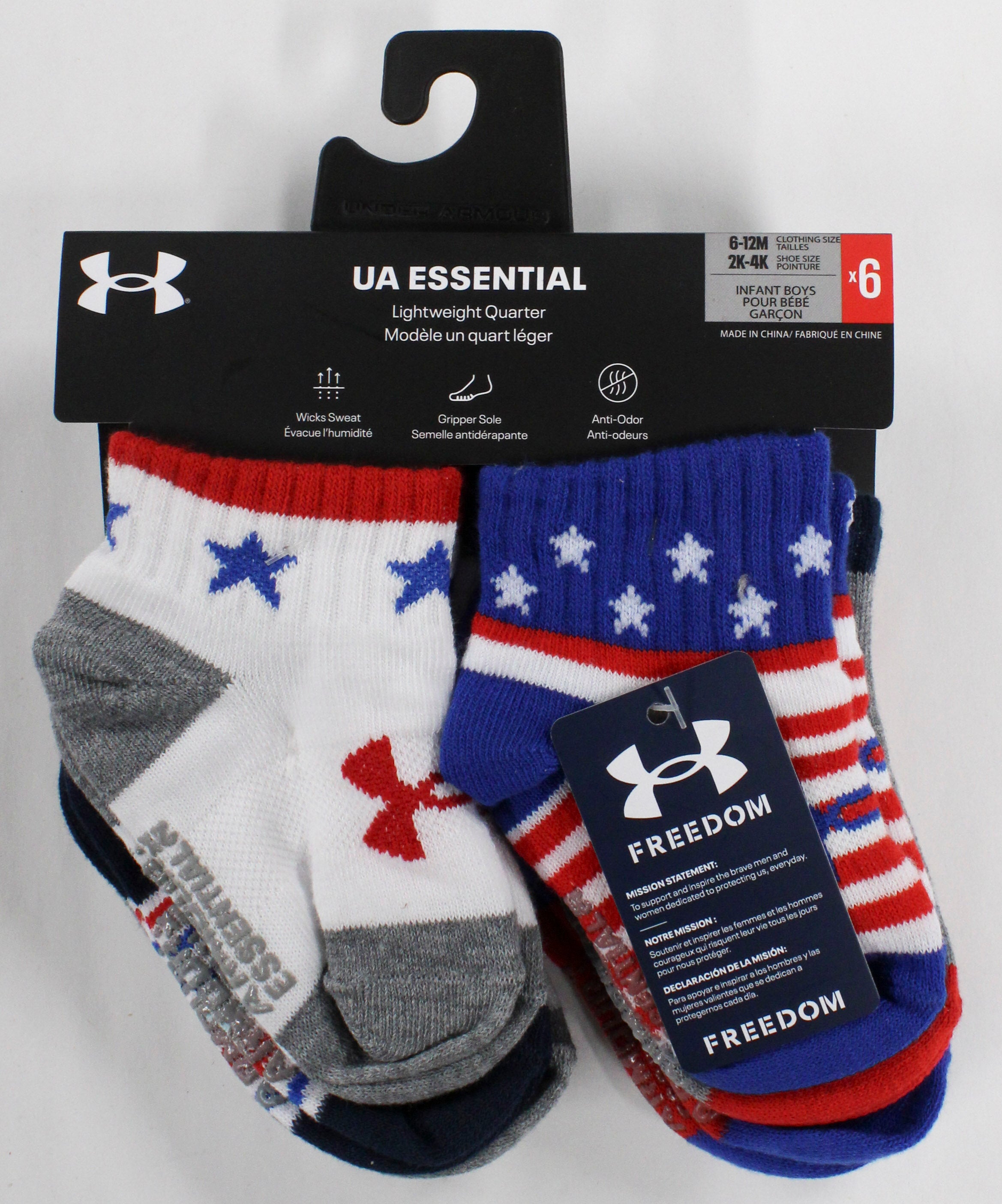 6pk 6-12m BOYS STARS & STRIPES ESSENTIALS QTR SOCKS PP $15.00