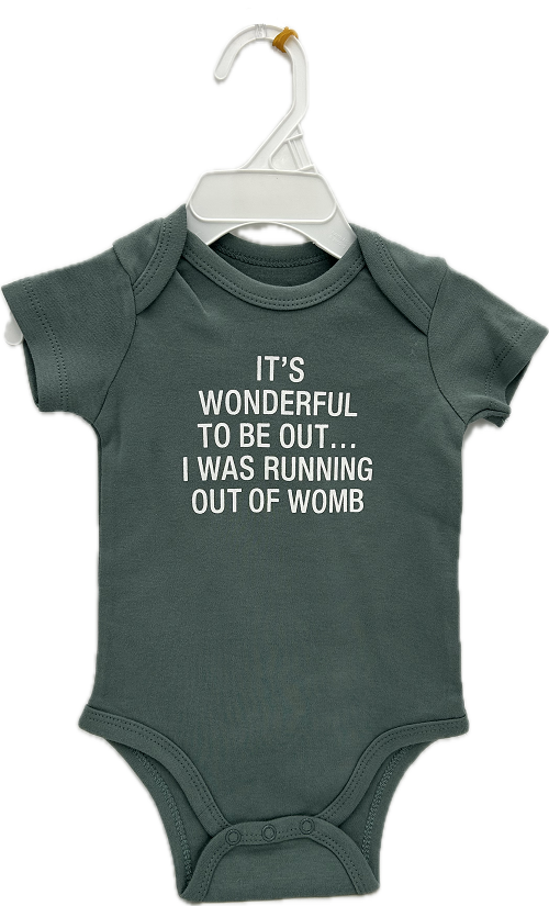 RUNNING OUT OF WOMB ONESIE 3-6 MONTHS