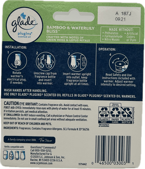 GLADE PLUG IN SCENTED OIL BAMBOO & WATERLILY BLISS 2 REFILLS 0.67floz US