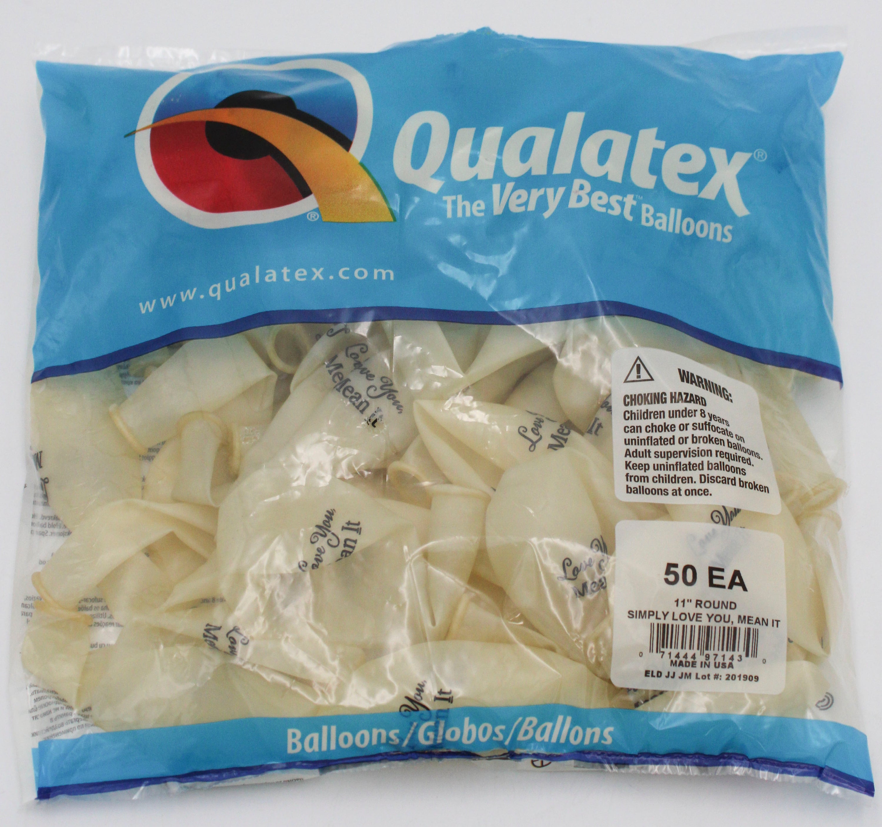 11" ROUND QX LATEX BALLOON CLEAR 50CT SIMPLY LOVE YOU, MEAN IT