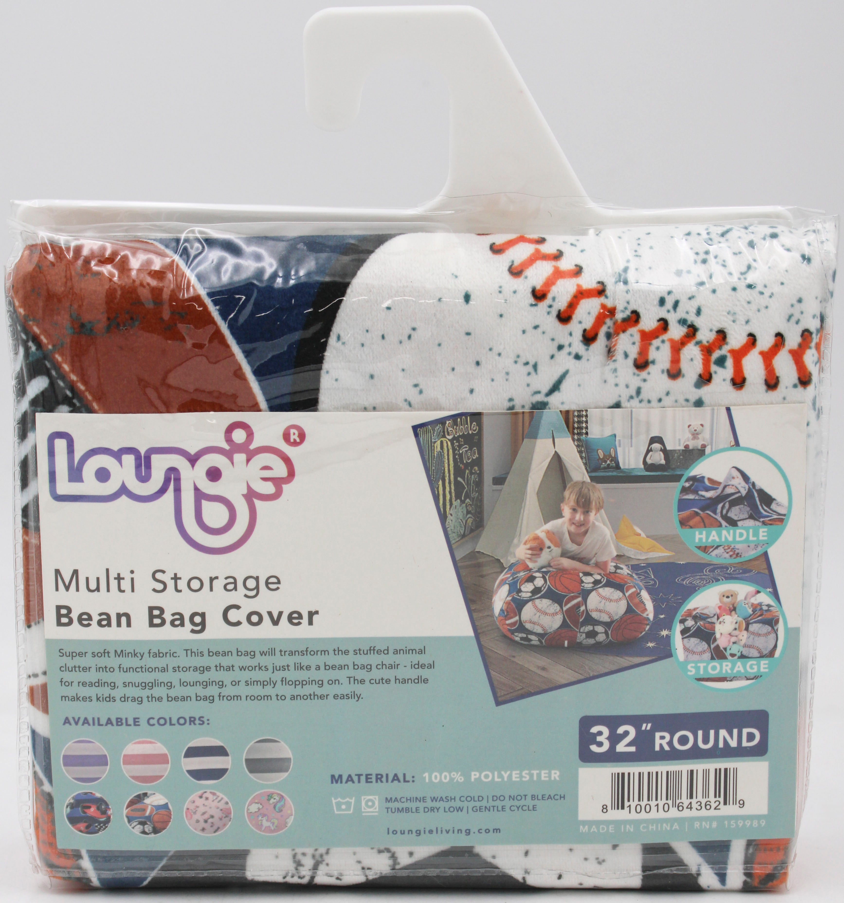 Loungie Bean Bag Chair Cover - Stuffed Animal Storage Bean Bag Cover 32" Round, Sport Black