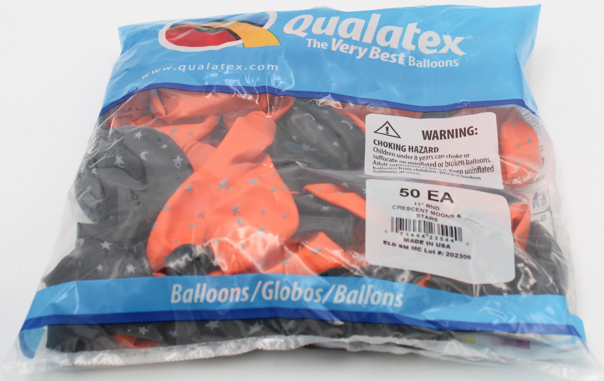 11" ROUND QX LATEX BALLOON ORG&BLK 50CT CRESCENT MOONS & STARS