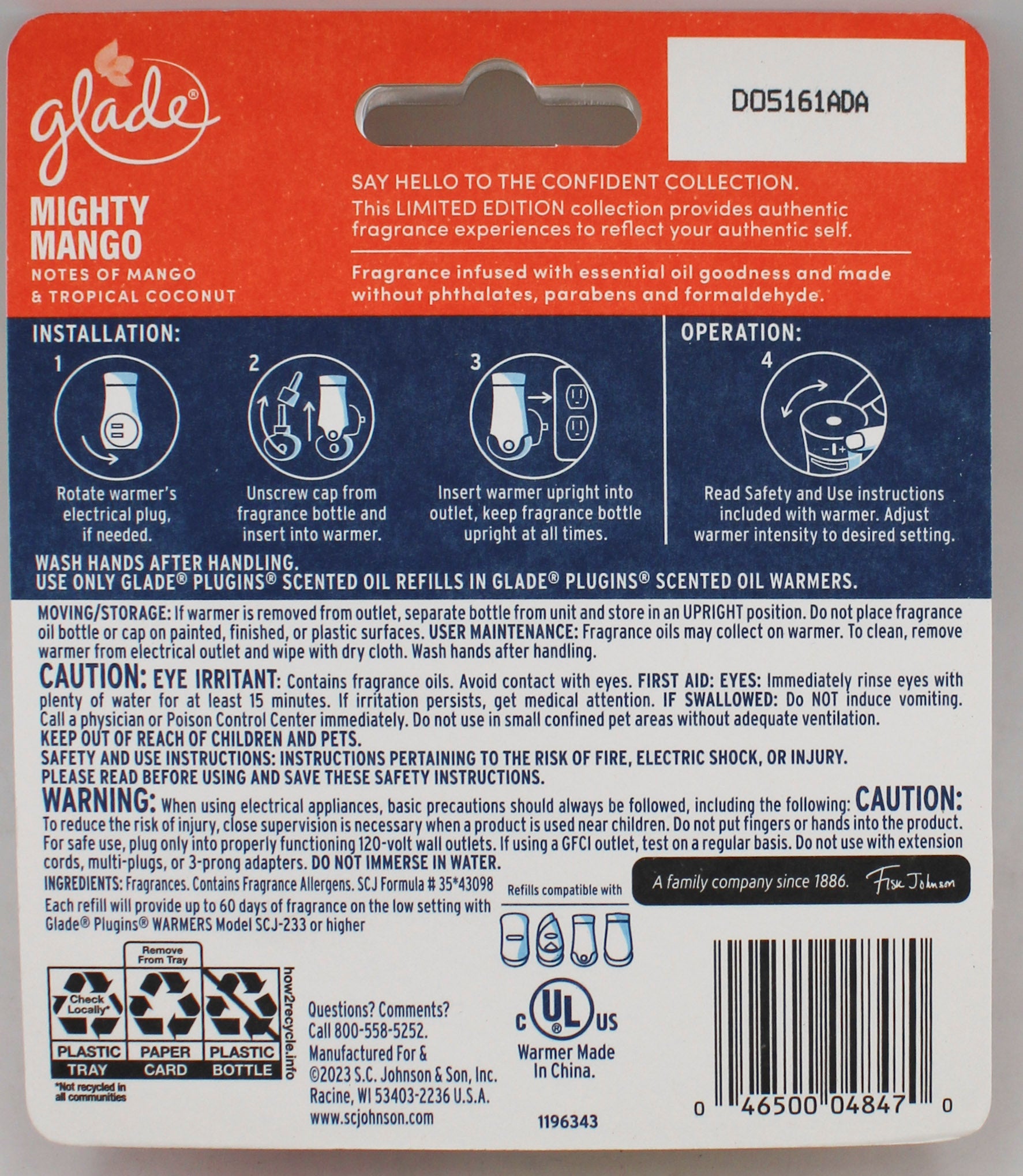 GLADE PLUGINS SCENTED OIL MIGHTY MANGO 1ct + WARMER 0.67floz US.