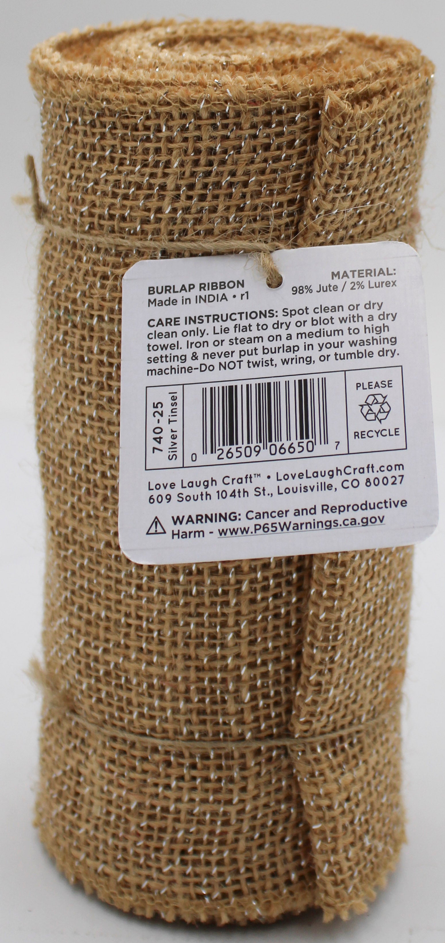 6 IN X 5 YD BURLAP RIBBON - NATURAL SILVER TIN