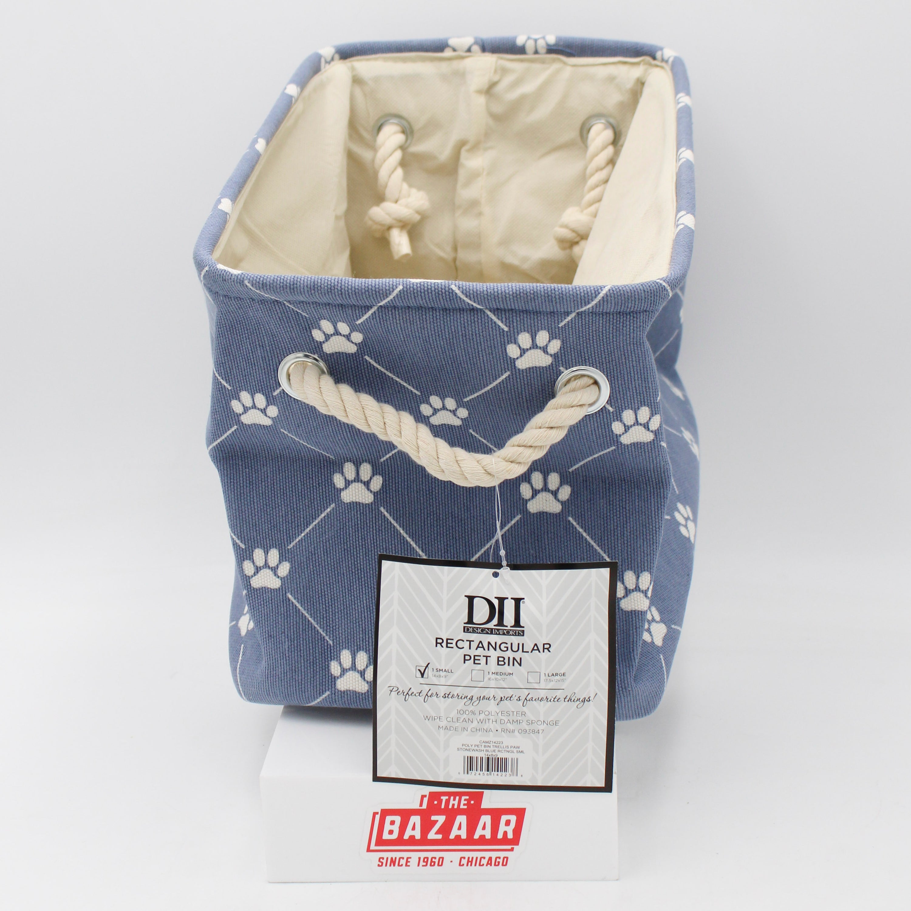 POLYESTER PET BIN TRELLIS PAW STONEWASH BLUE RECTANGLE SMALL 14x8x9