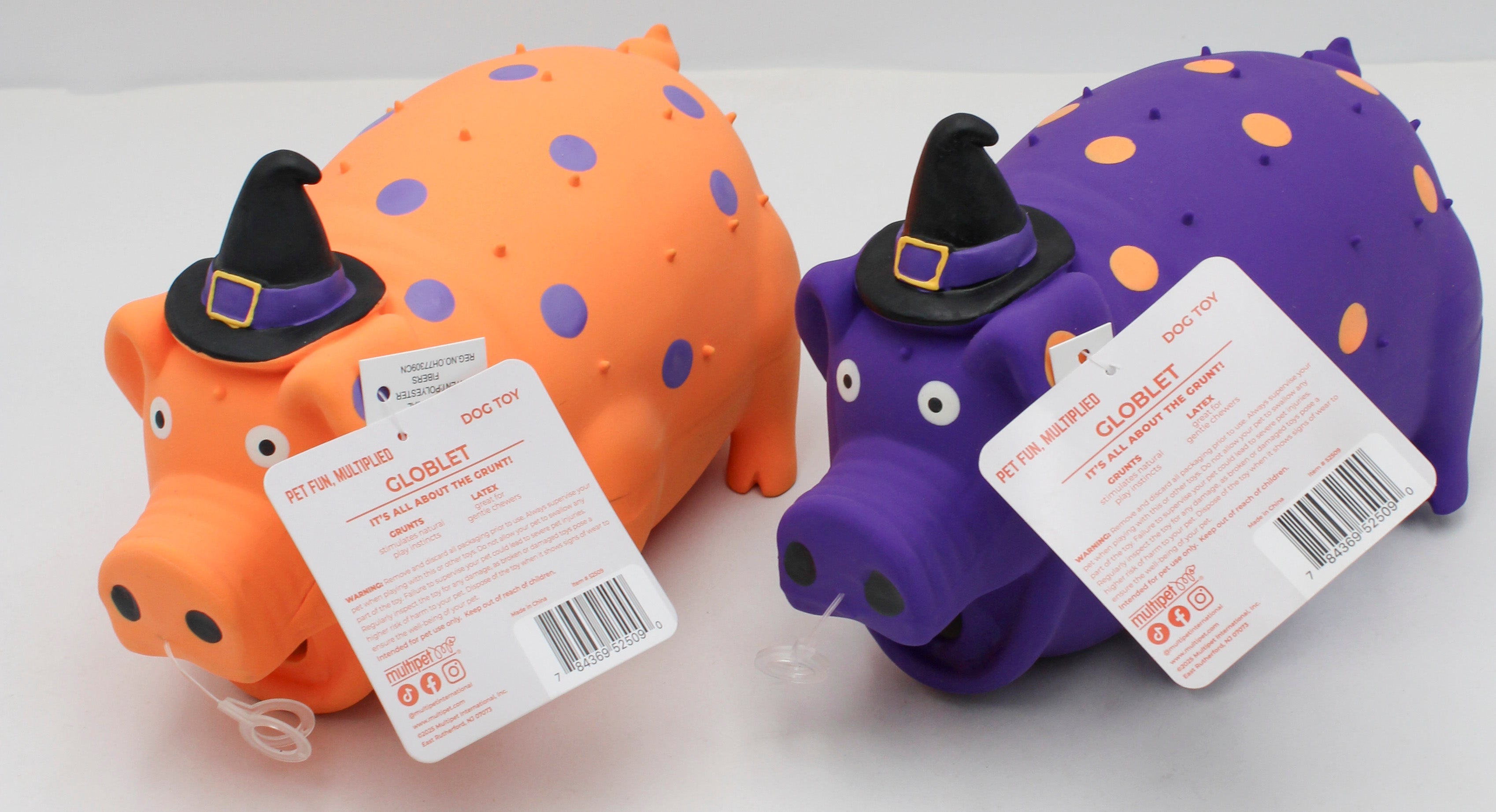 MULTIPET PIG (LATEX) W/WITCH HAT (ORANGE/PURPLE) DOG TOY  8"