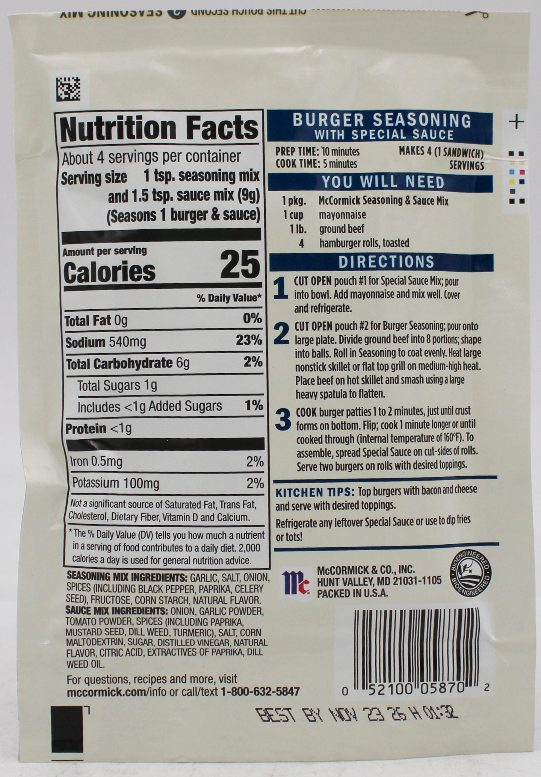 MCCORMICK SEASONING & SAUCE SMASH BURGER SEASONING WITH SPECIAL SAUCE 1.25 Oz Best By 11/23/26