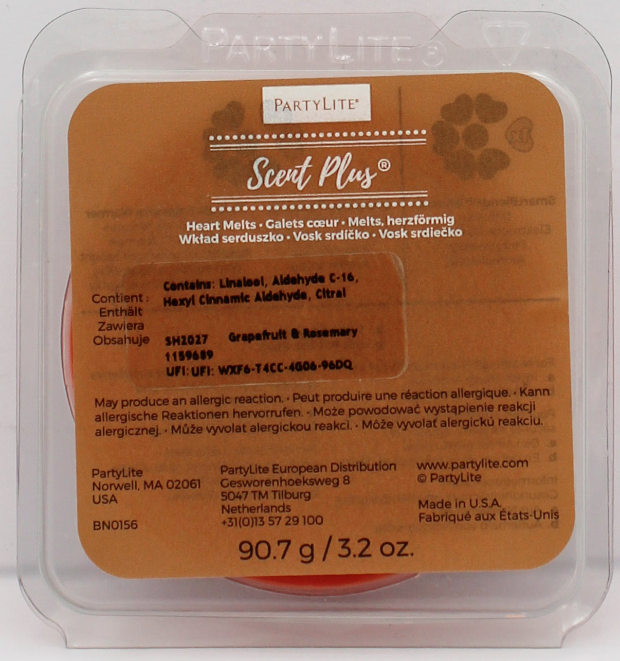 PARTYLITE GRAPEFRUIT & ROSEMARY SCENT PLUS HEART MELTS 3.2oz