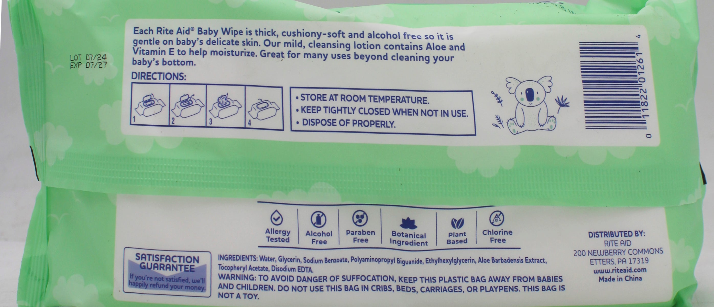 RITE AID BABY WIPES FRAGRANCE FREE 72CT EXP 7/31/2027