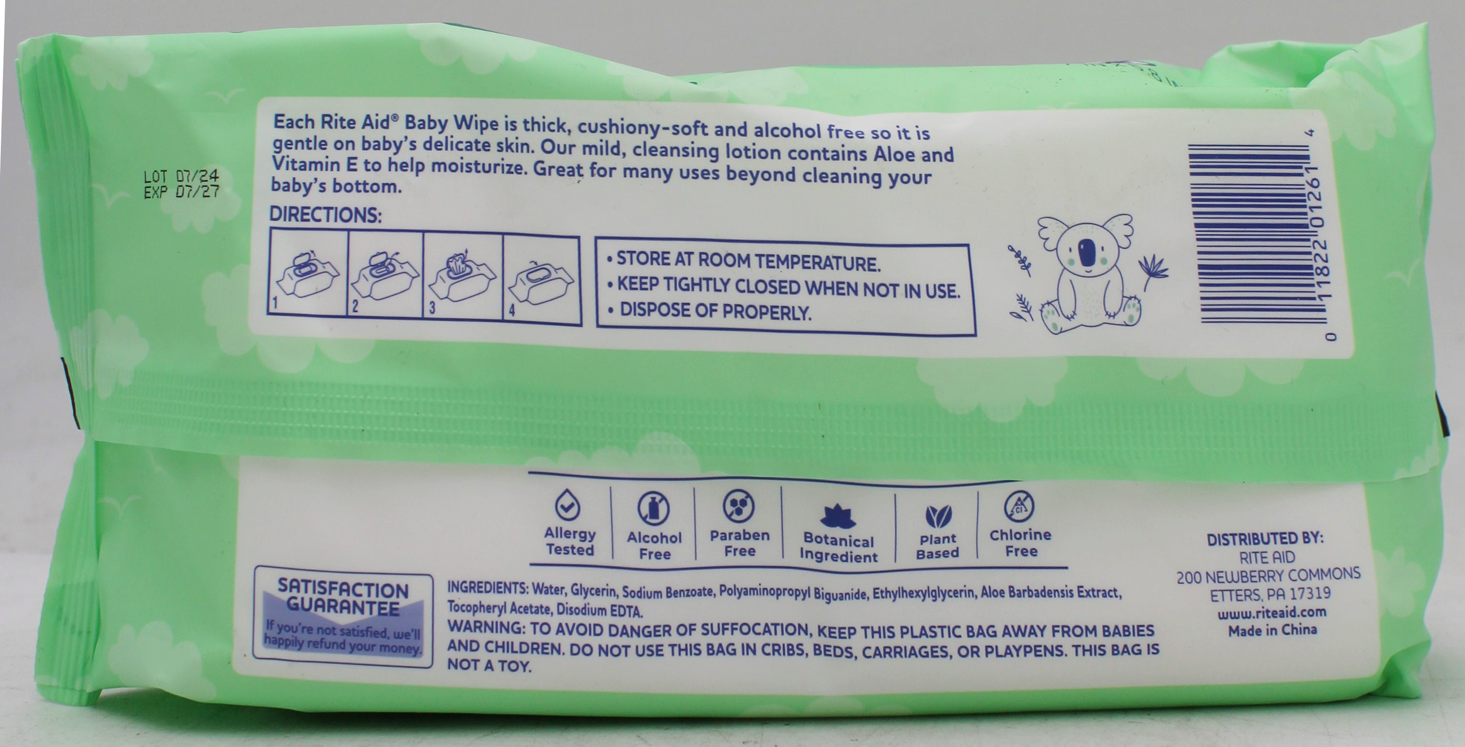 RITE AID BABY WIPES FRAGRANCE FREE 72CT EXP 7/31/2027