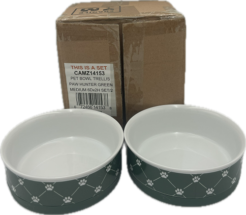 PET BOWL - TRELLIS PAW HUNTER GREEN - MEDIUM 6Dx2H SET/2