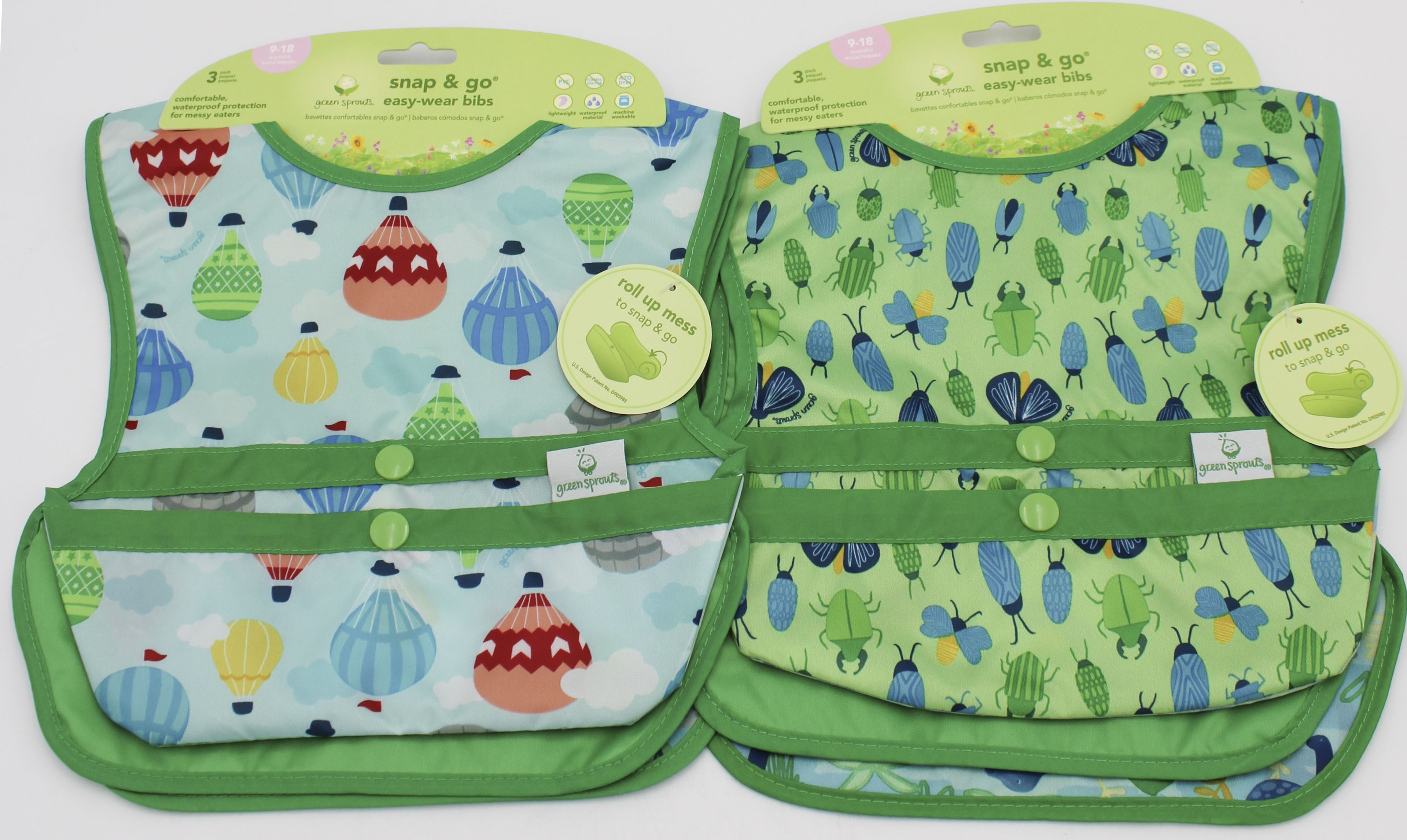 O2COOL 3PK SNAP & GO EASY-WEAR PULL-OVER BIB -AQUA HOT AIR BALLOON & GREEN BUG LIFE - 9MO-18MO NI