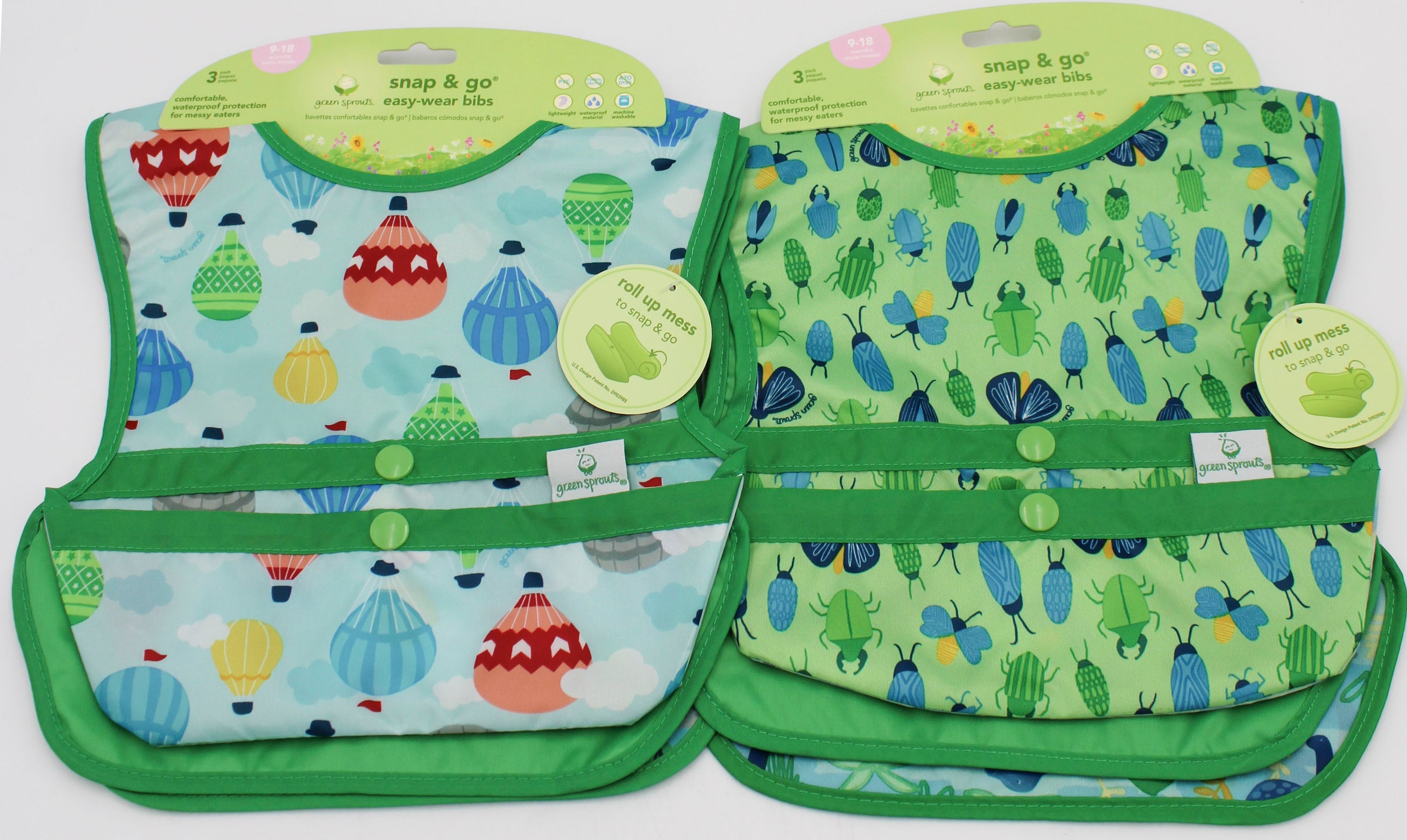 O2COOL 3PK SNAP & GO EASY-WEAR PULL-OVER BIB -AQUA HOT AIR BALLOON & GREEN BUG LIFE - 9MO-18MO NI