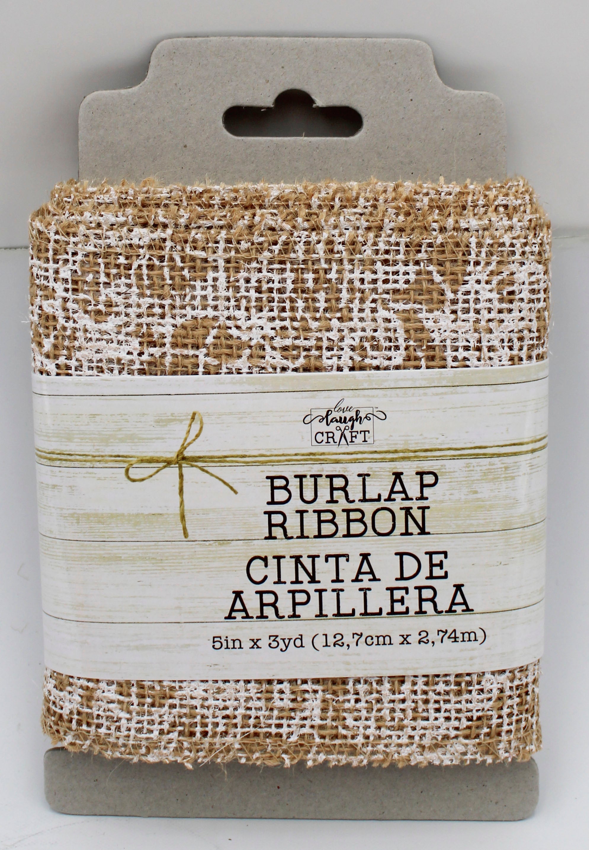 Natural Burlap Ribbon 5in x 3yd, Finished Edges, White Lace