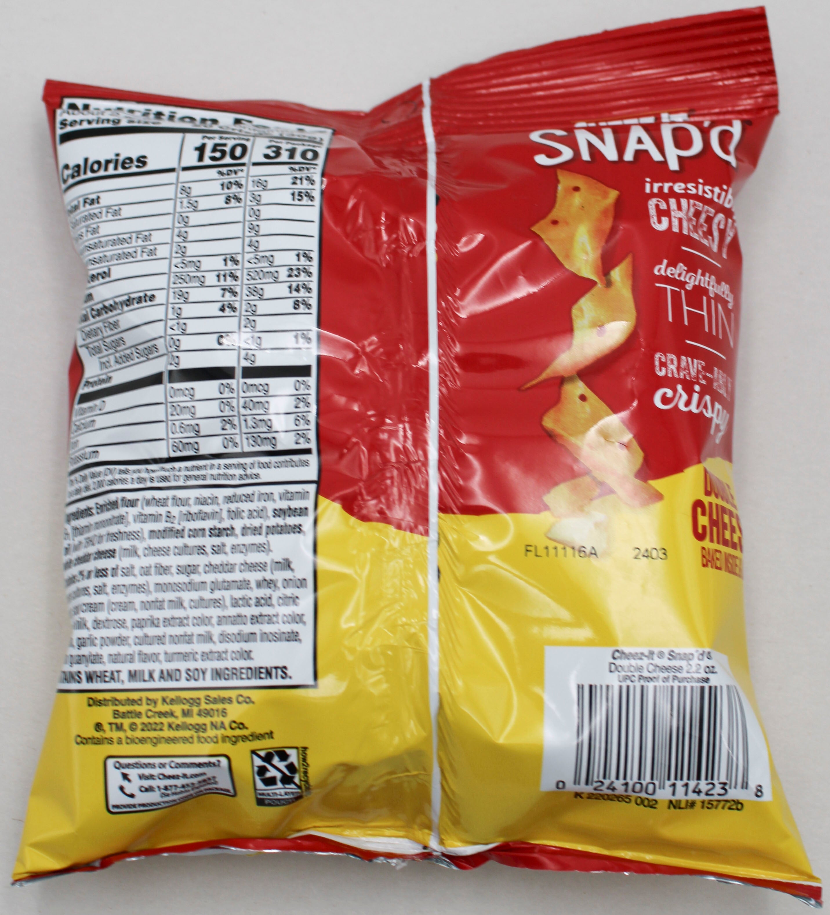 CHEEZ-IT SNAP'D DOUBLE CHEESE CRACKER 2.2 Oz BB 11/11/26 NI