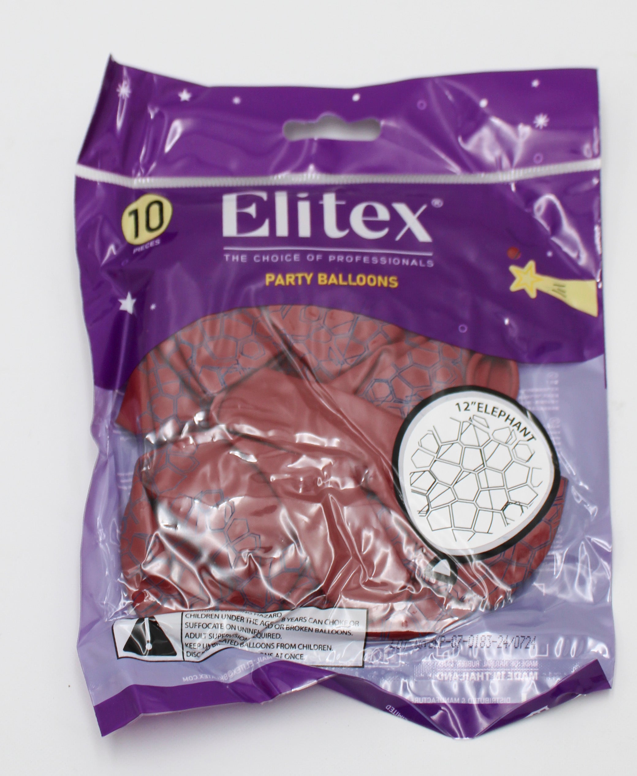 ELITEX 12" ELEPHANT PRINTED BALLOON, RED WINE/BLUE, 10 PACK