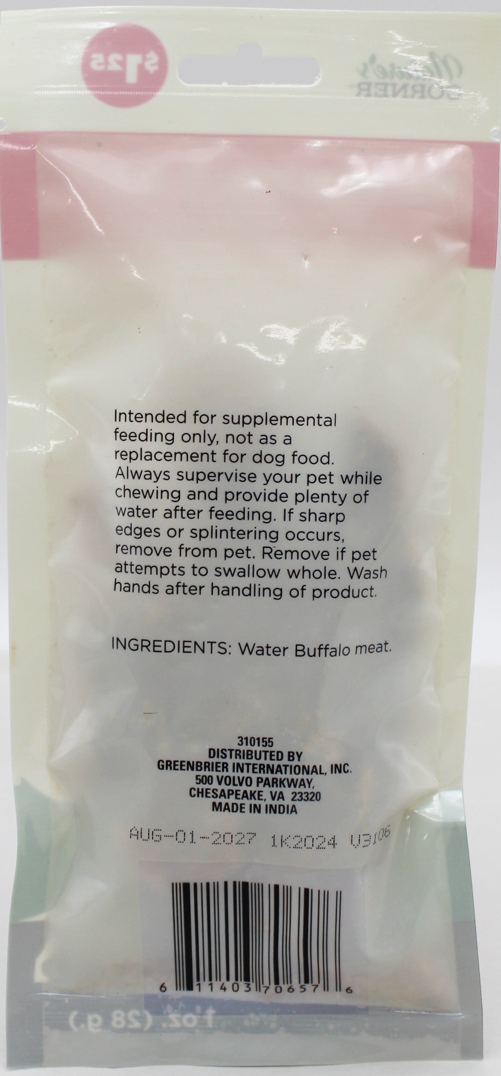 NATURE'S CORNER PIG EAR CHEW .5oz., WATER BUFFALO JERKEY 1oz. BB 7.1.27