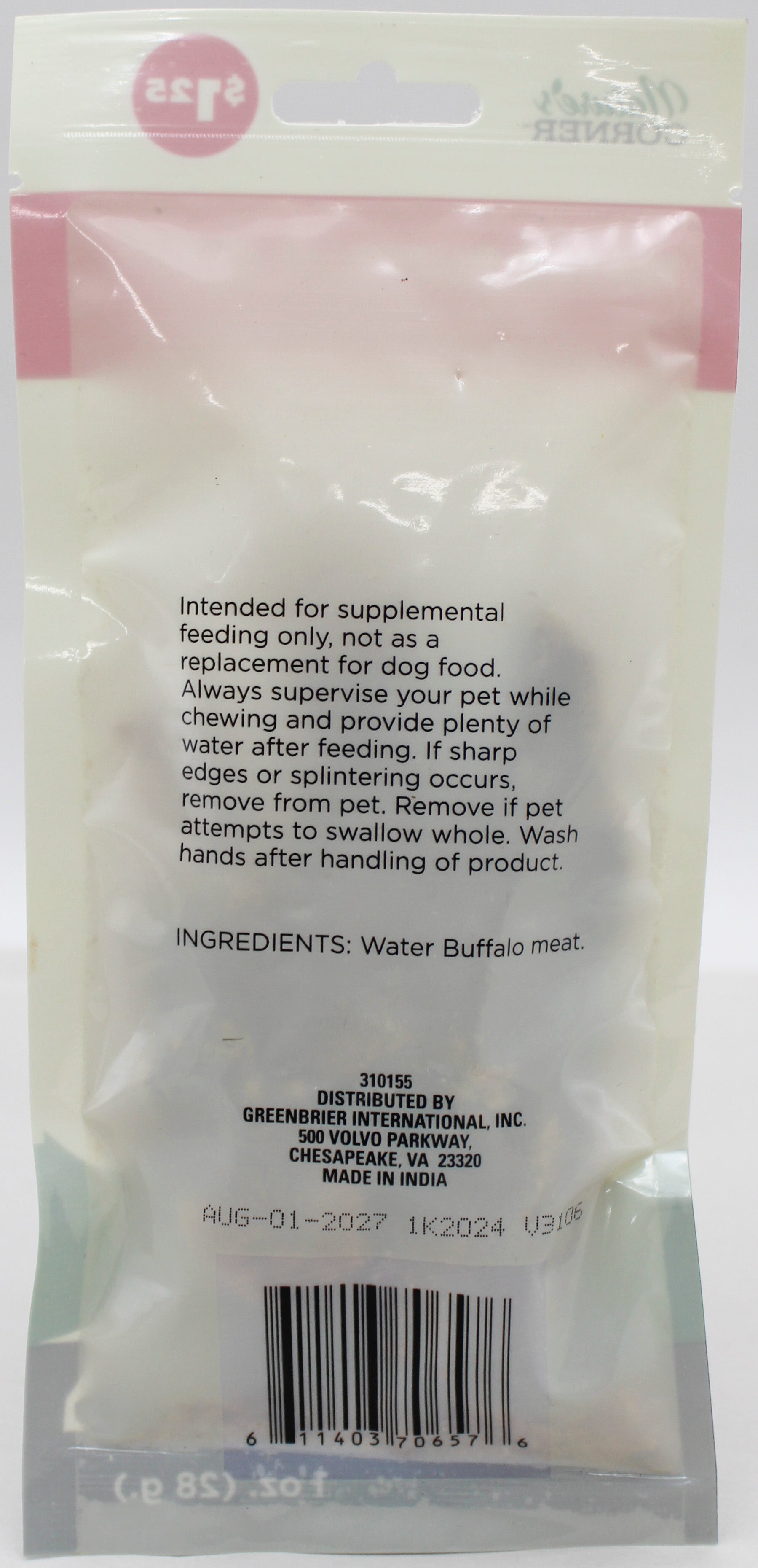 NATURE'S CORNER PIG EAR CHEW .5oz., WATER BUFFALO JERKEY 1oz. BB 7.1.27
