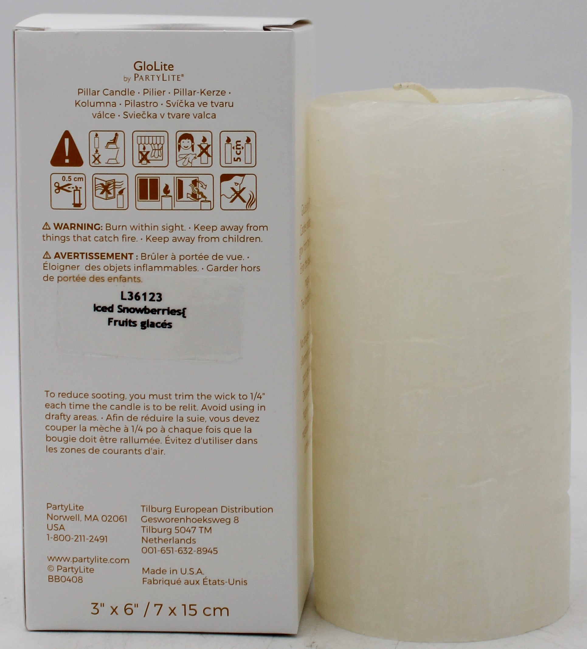 PARTYLITE GLOLITE ICED SNOWBERRIES PILLAR CANDLE 3"D x 6"H