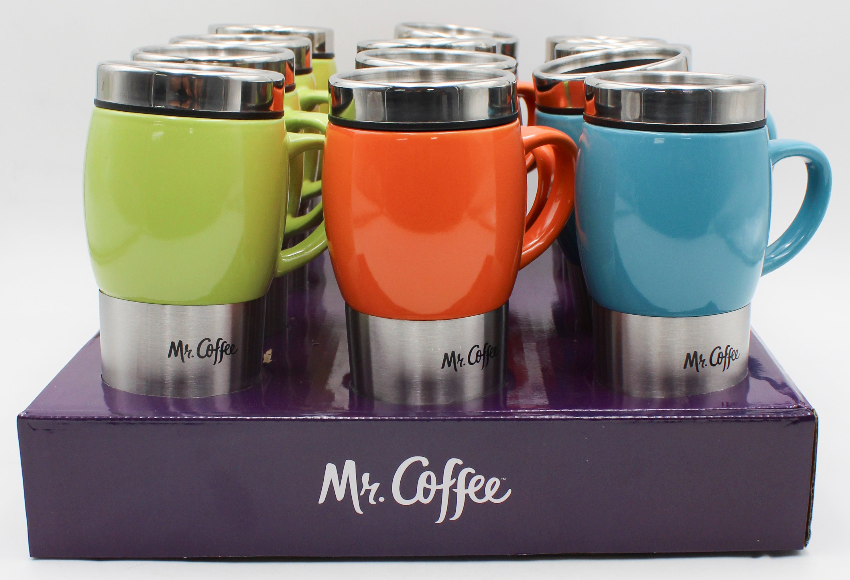 16OZ MR COFFEE SS TRAVEL MUG W/ LID - 3 ASST COLORS IN PDQ NI