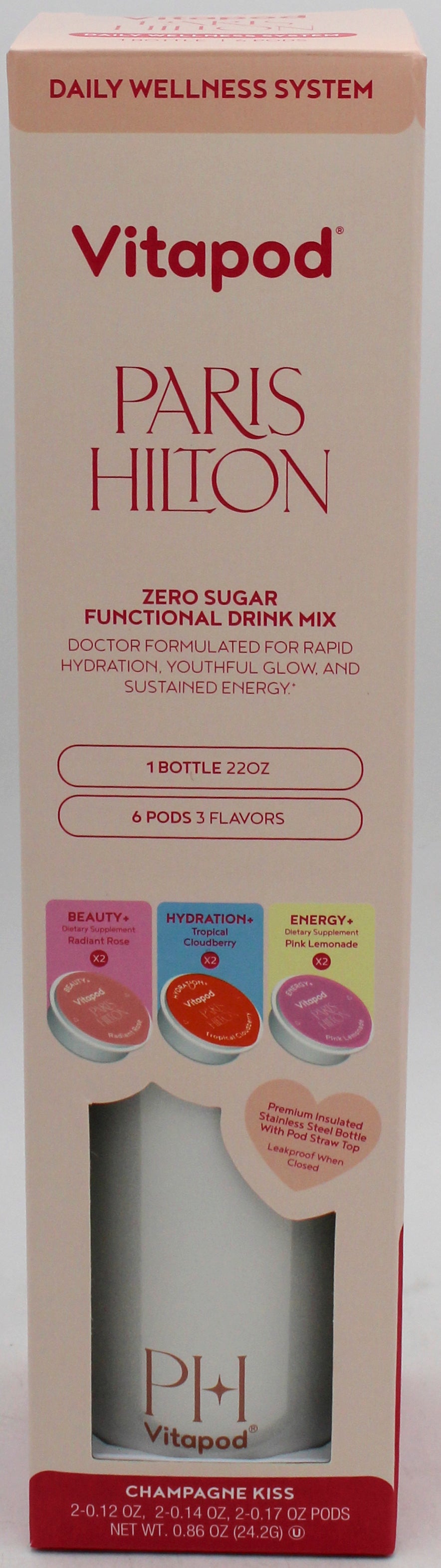 PARIS HILTON 22OZ HYDRATION BOTTLE W/ STRAW + 6 VITAPODS SYSTEM - CREAM EXP-09/2026