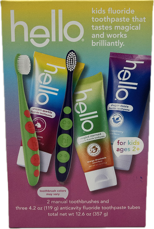 HOLD EXPIRED HELLO KIDS MIXED TOOTHBRUSH/TOOTHPASTE 5pc KIT EXP 1/2026 NI