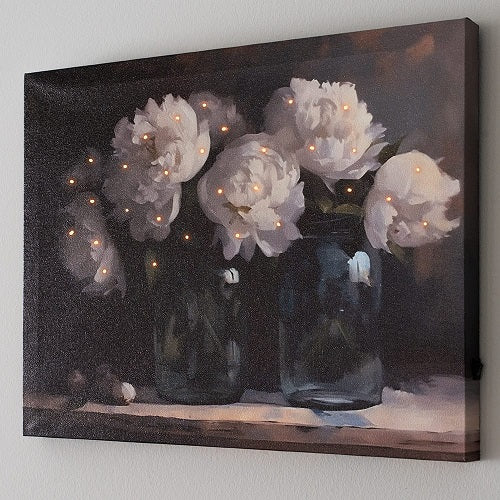 MIDNIGHT PEONIES IN GLASS VASES LED PRINT  15.75"L x 12"H