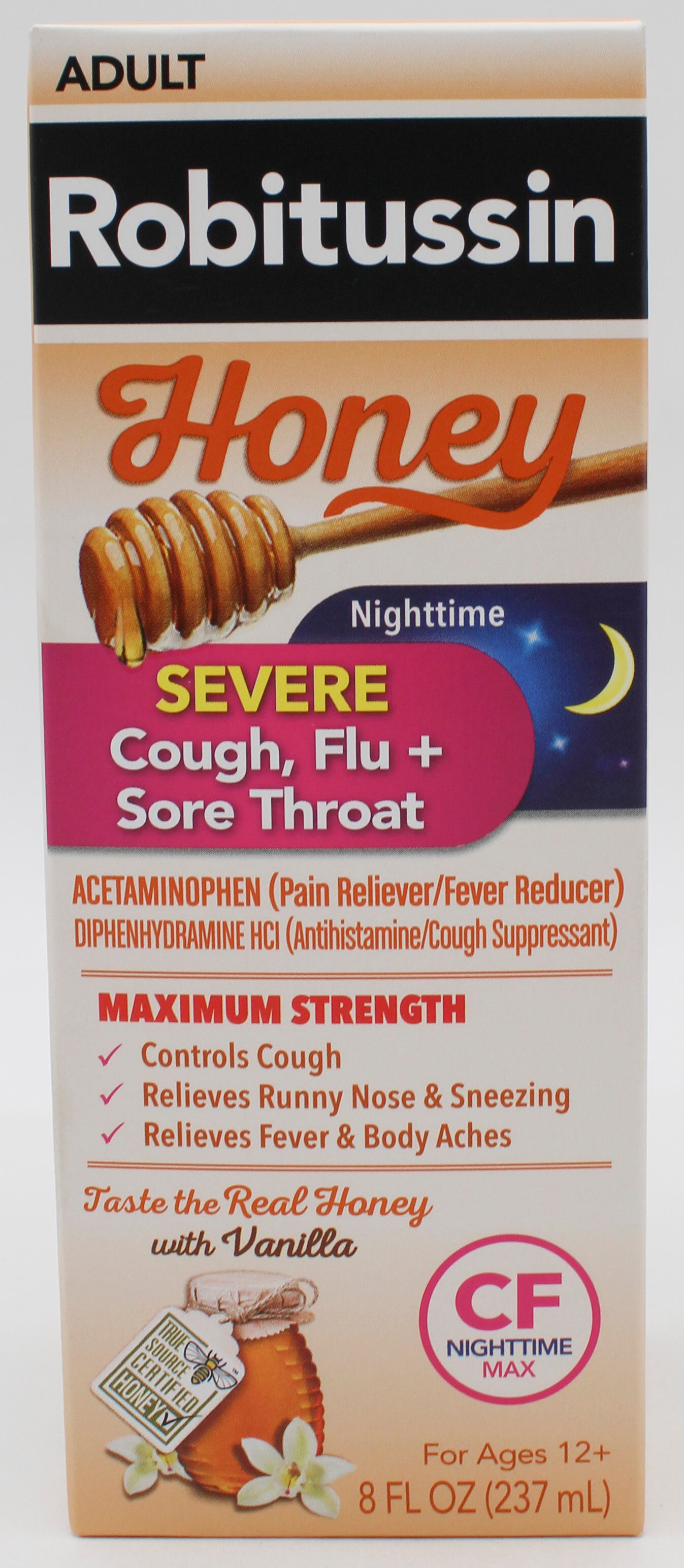 ROBITUSSIN HONEY SEVERE COLD & FLU NIGHTIME RELIEF COUGH SYRUP 8oz NI
