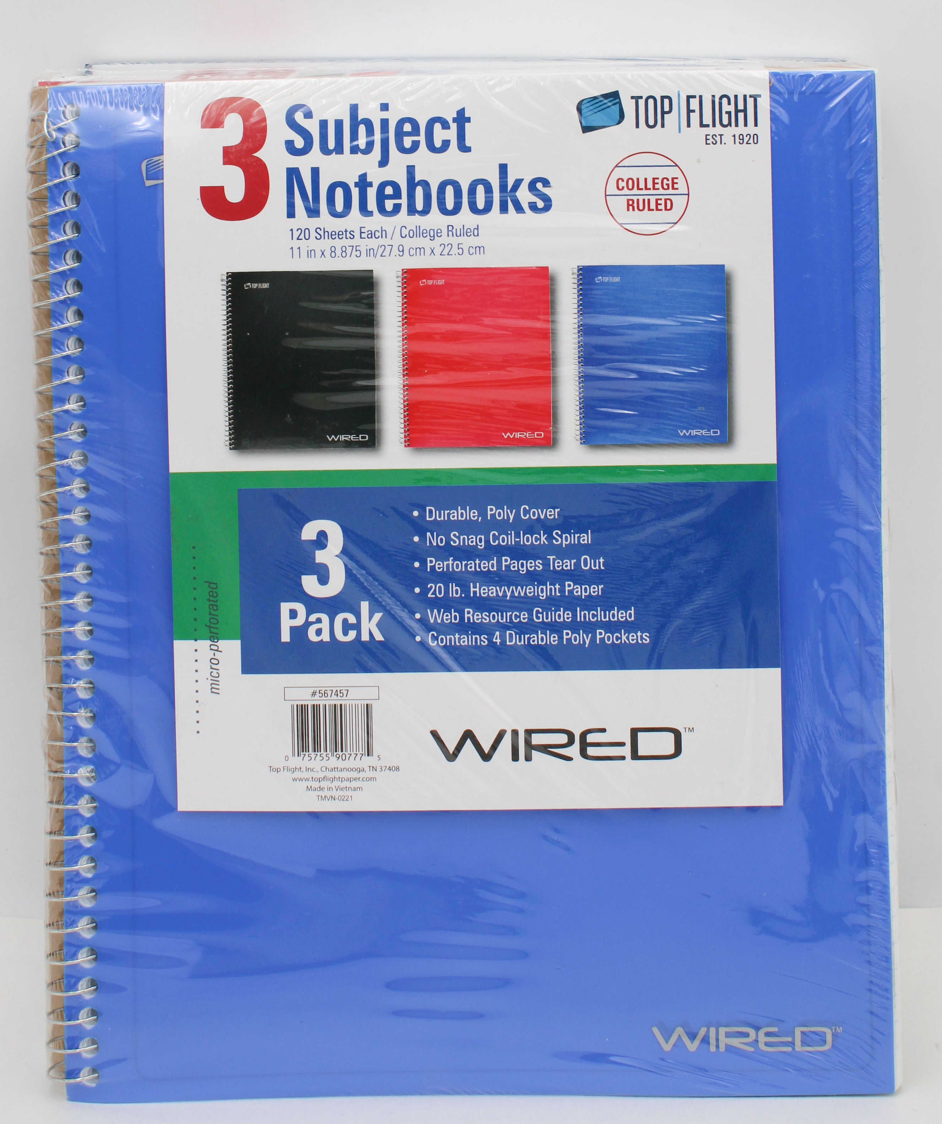 WIRED NOTEBOOKS 3 SUBJECT 120 SHEET  3PK