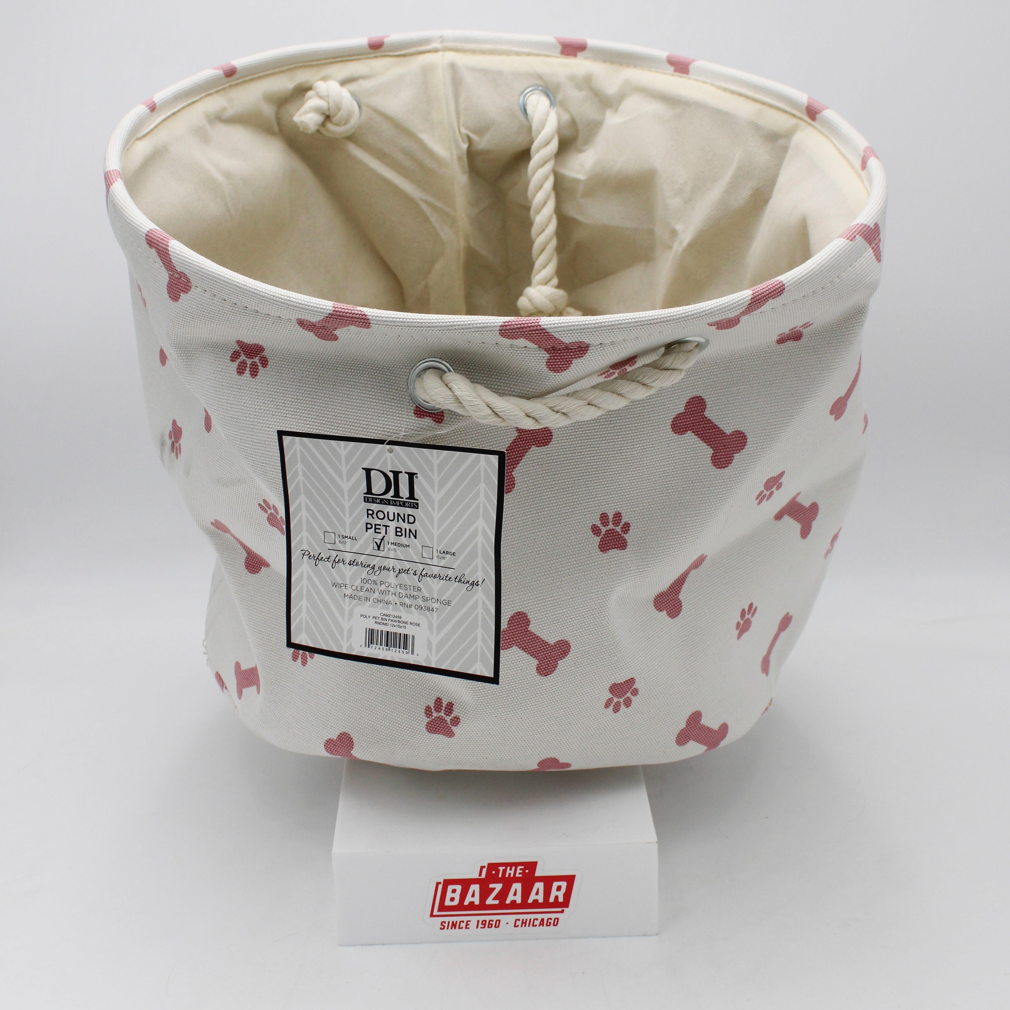 POLYESTER PET BIN PAW/BONE ROSE ROUND MEDIUM 12x15x15