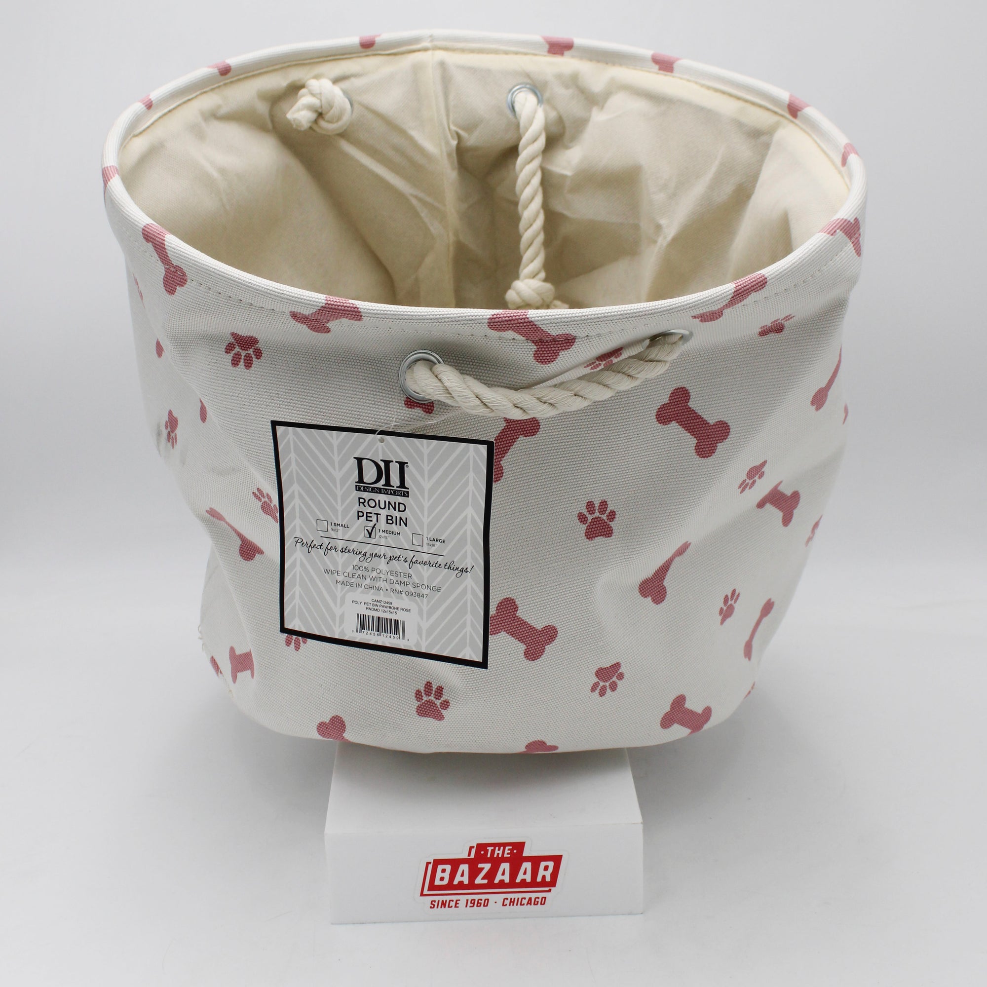 POLYESTER PET BIN PAW/BONE ROSE ROUND MEDIUM 12x15x15