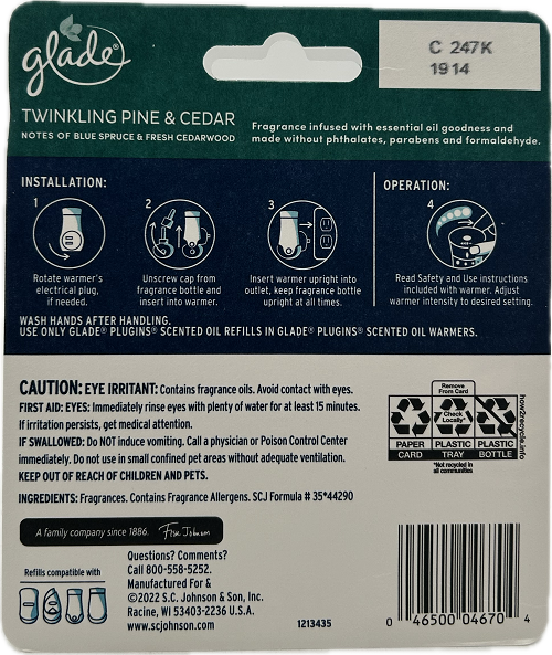 GLADE PLUG IN SCENTED OIL TWINKLING PINE & CEDAR 2ct 0.67floz US