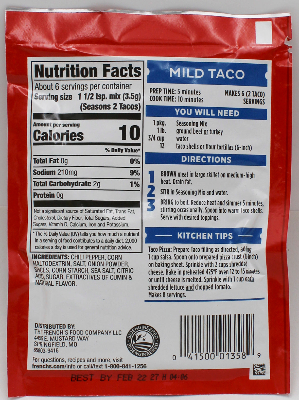 French's Taco Seasoning Mix Mild 0.75oz (BB 02/22/2027)