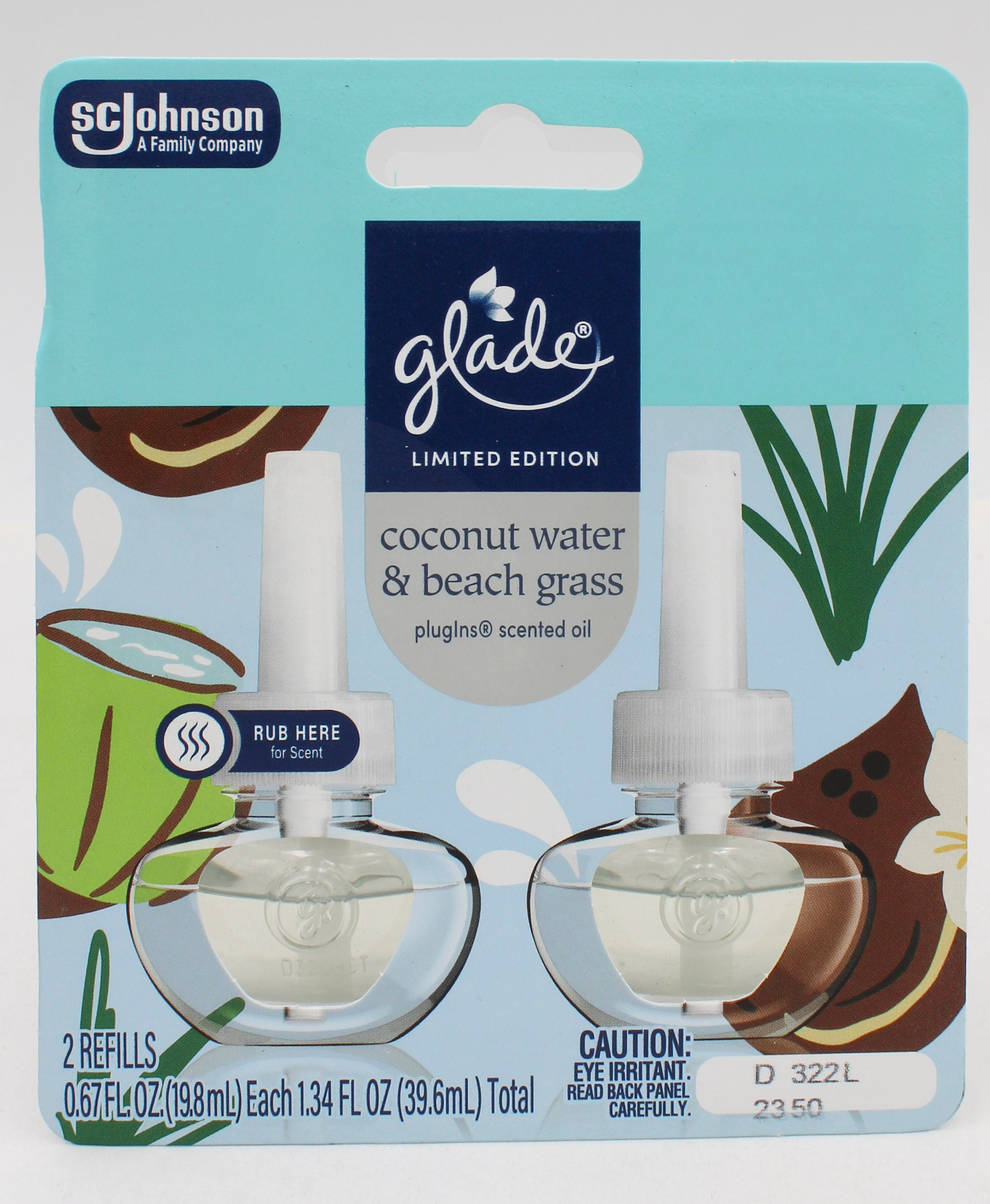 SP GLADE PLUGINS SCENTED OIL 2REFILLS 1.34oz COCONUT WATER & BEACH GRASS