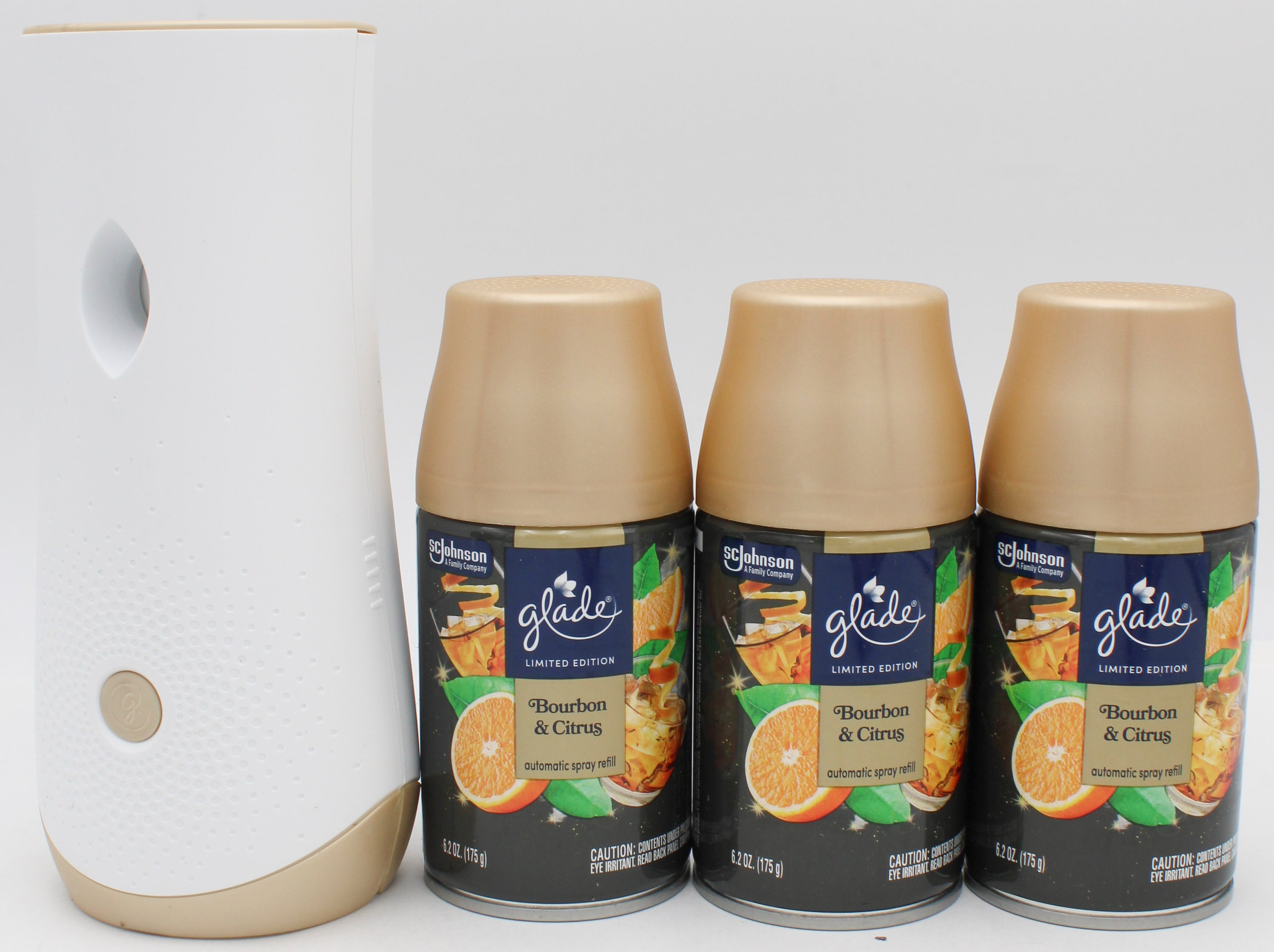 GLADE AUTOMATIC SPRAY KIT BOURBON & CITRUS 1 SPRAYER + 3 REFILLS 6.2oz US