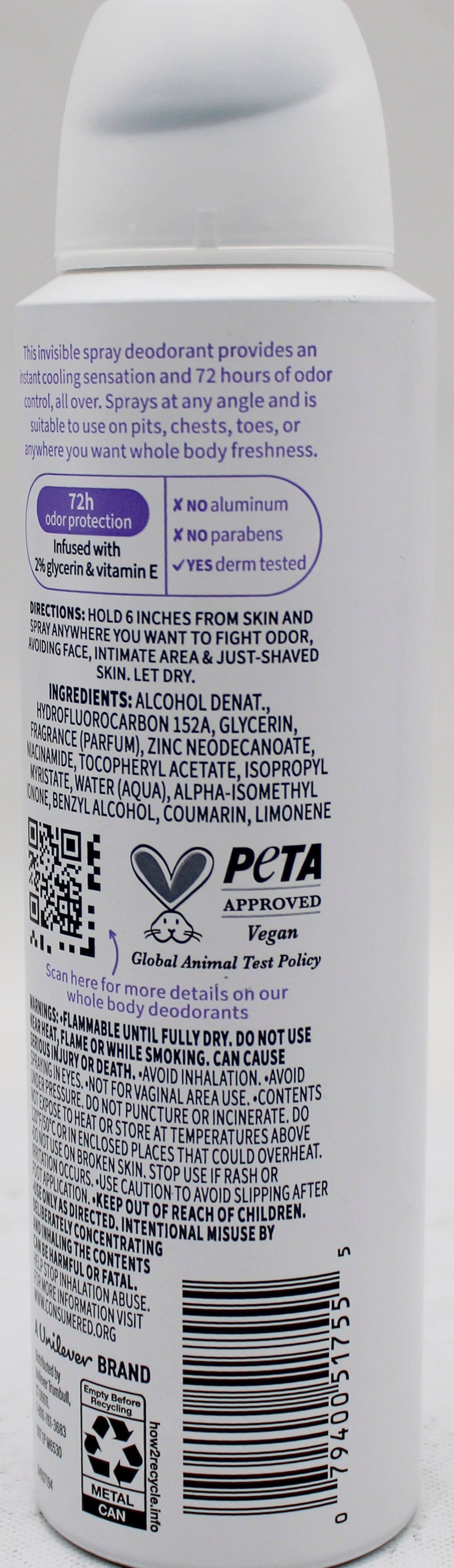 DOVE WHOLE BODY DEODORANT SPRAY COCONUT VANILLA 4oz
