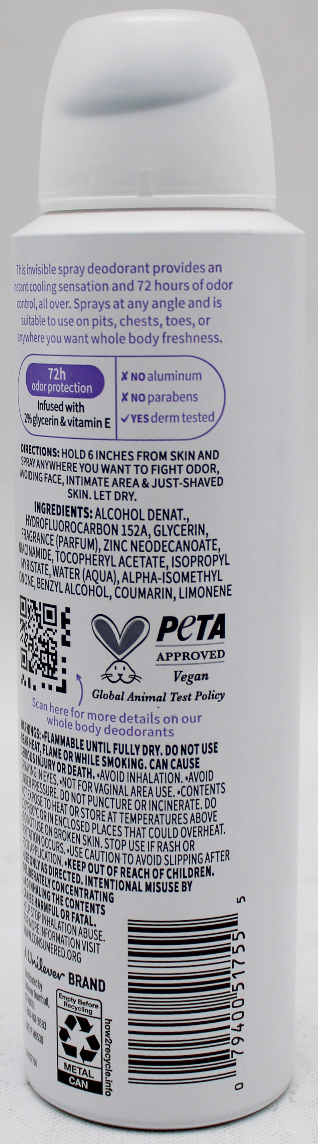 DOVE WHOLE BODY DEODORANT SPRAY COCONUT VANILLA 4oz