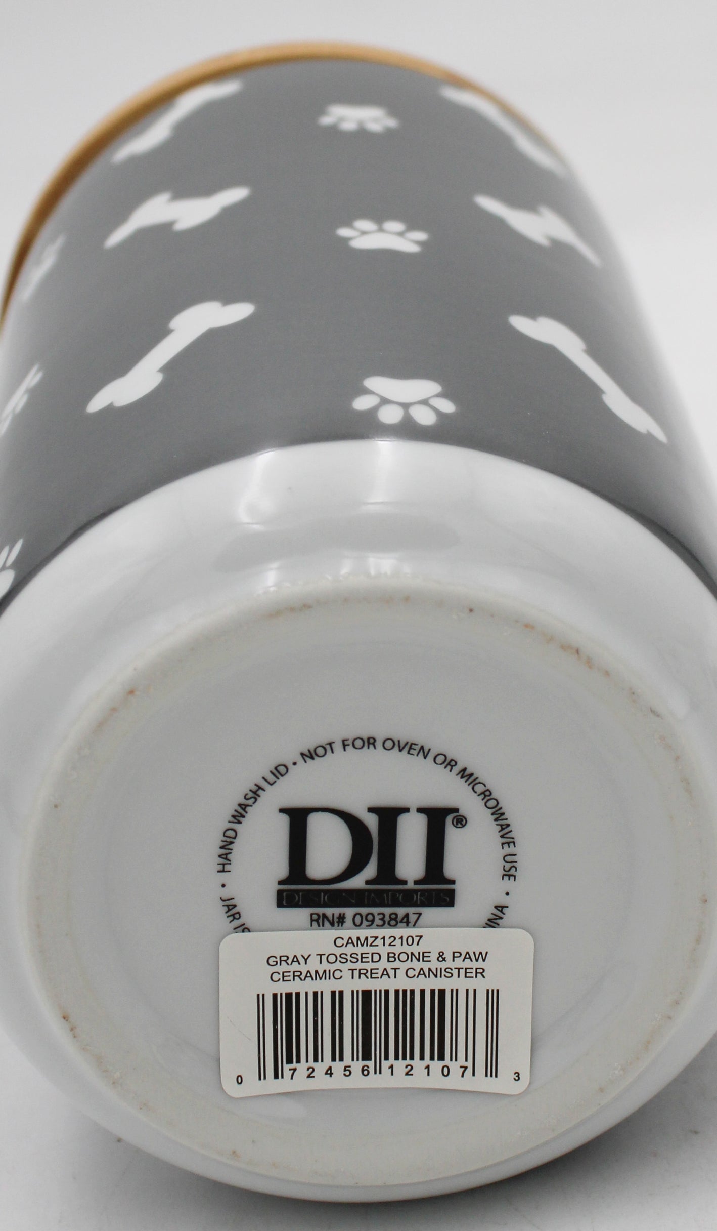 CERAMIC TREAT CANISTER 4" x 6.5" - GRAY TOSSED BONE & PAW