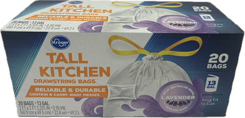 KROGER TALL KITCHEN DRAWSTRING BAGS 20CT  13 GALLON  LAVENDER