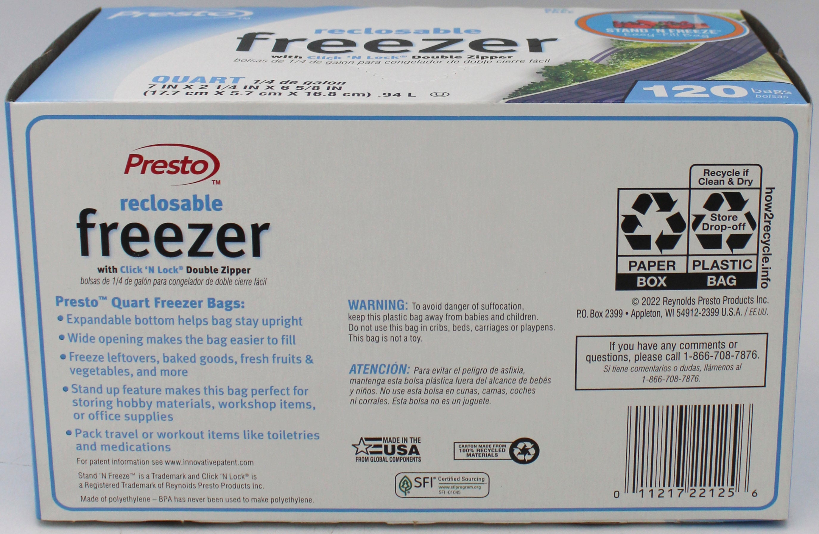 120 CT PRESTO RECLOSABLE FREEZER QUART BAGS NI