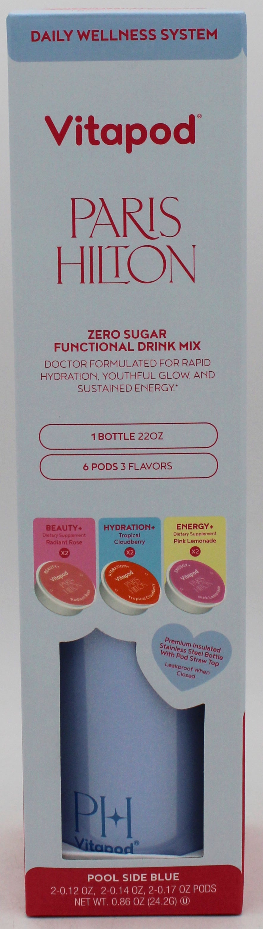 PARIS HILTON 22OZ HYDRATION BOTTLE W/ STRAW + 6 VITAPODS SYSTEM - BLUE EXP-09/2026