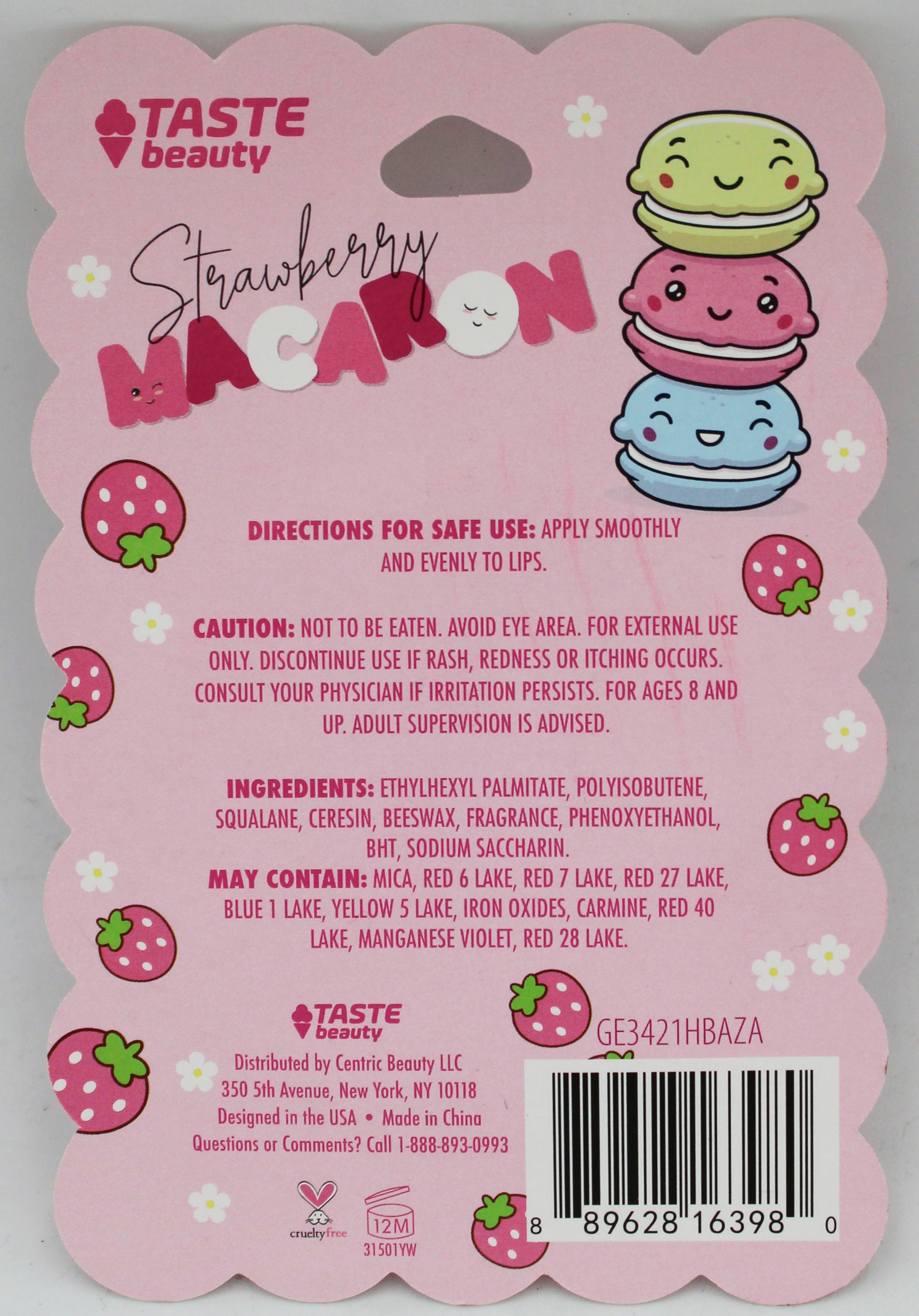TASTE BEAUTY MACARON MOLDED LIP BALM - STRAWBERRY 0.28oz NI