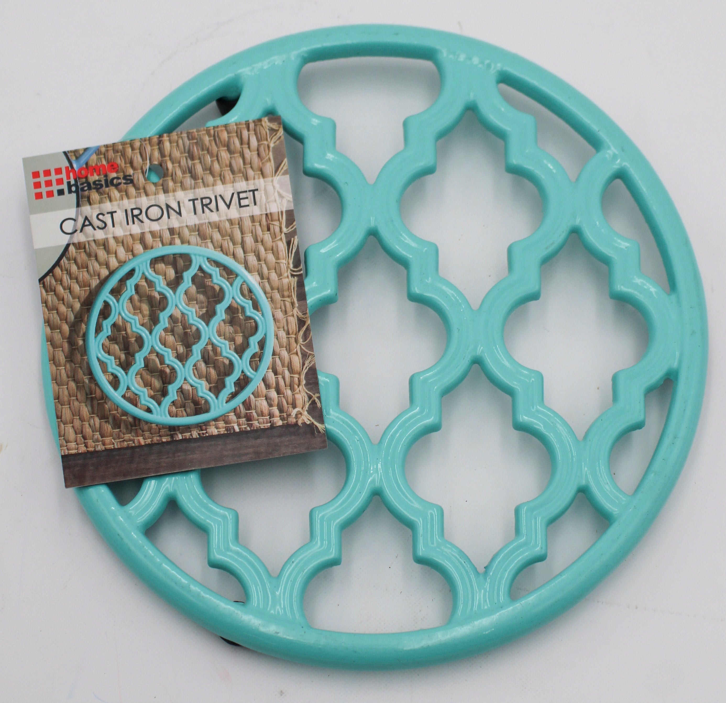CAST IRON TRIVET LATTICE TURQUOISE 8"