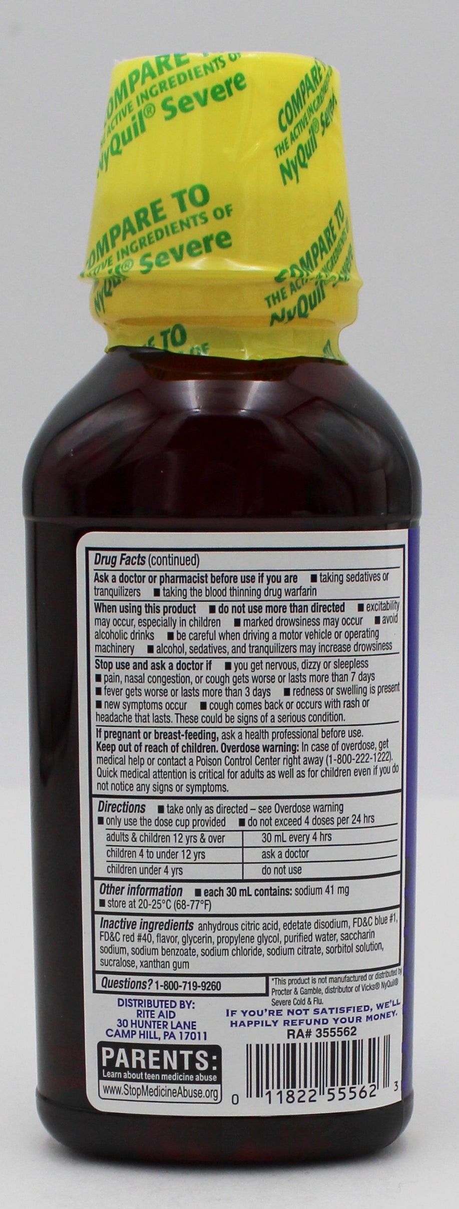 RITE AID NIGHTTIME SEVERE COLD & FLU RELIEF MAXIMUM STRENGTH BERRY 12oz EXP 12/31/2026 COMPARES TO NyQuil